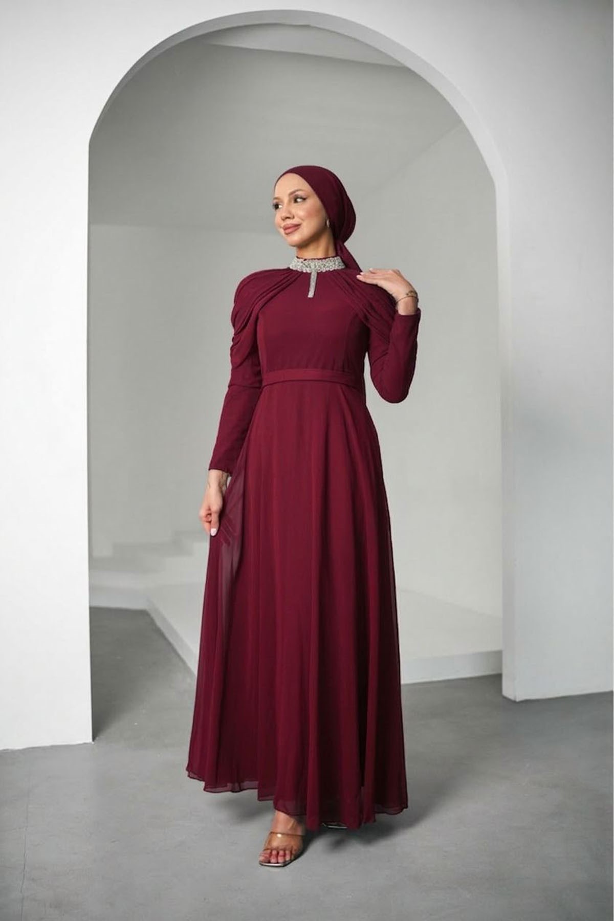 Tesettür Canfes Şifon Abiye BordoLP6340