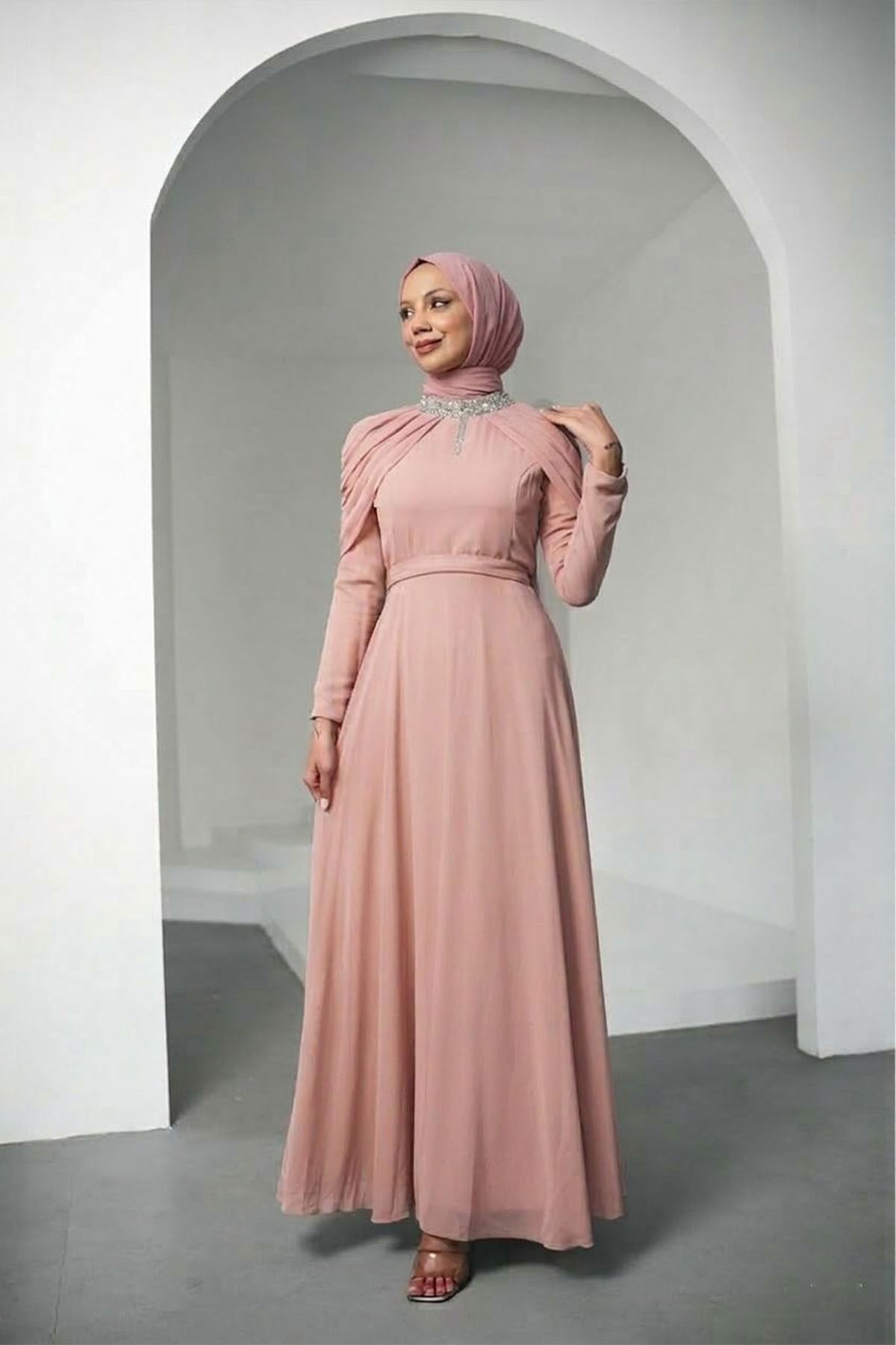 Tesettür Canfes Şifon Abiye PudraLP6340