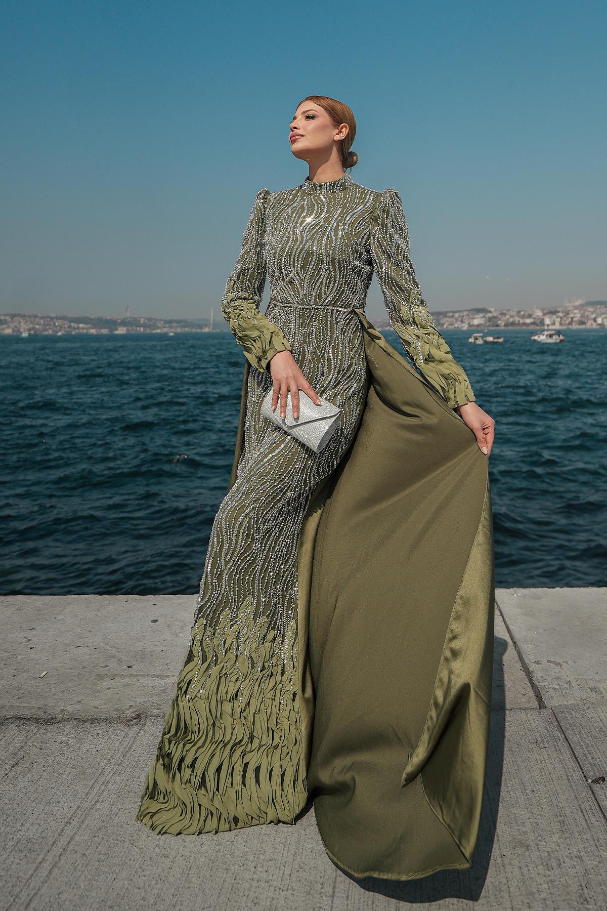 Tesettür Ceyla Boncuklu Abiye Zeytin YeşiliLP6264