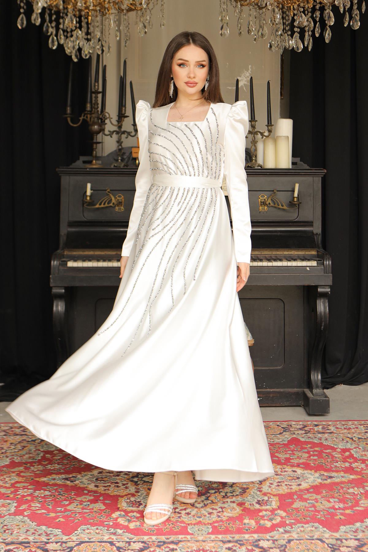 Tesettür Ceylam Saten Abiye BeyazLP6044