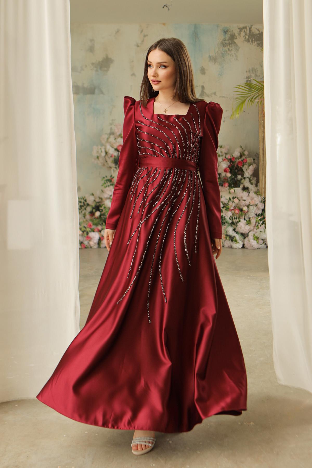 Tesettür Ceylam Saten Abiye BordoLP6044