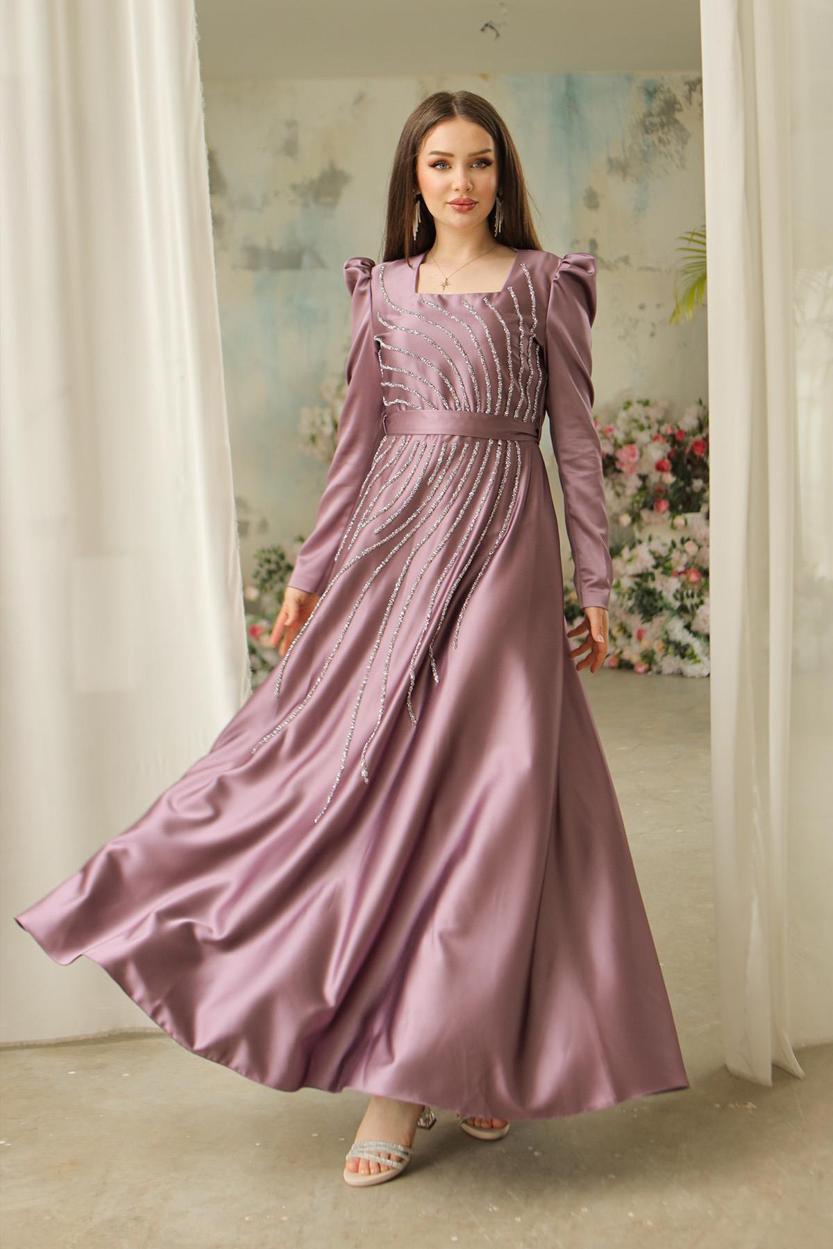 Tesettür Ceylam Saten Abiye LilaLP6044