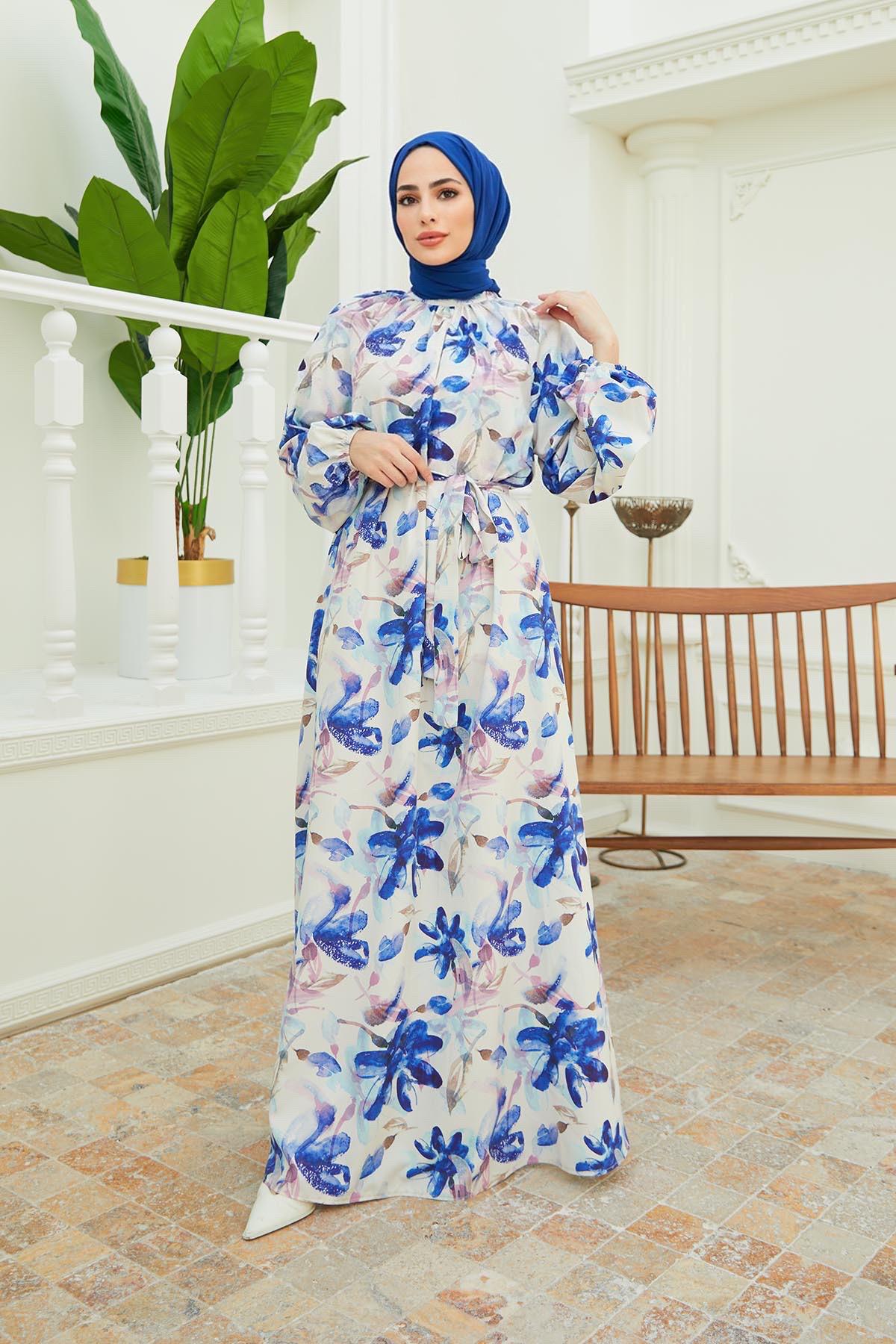 Tesettür Çiçek Desenli Jessica Elbise IndigoHM4138