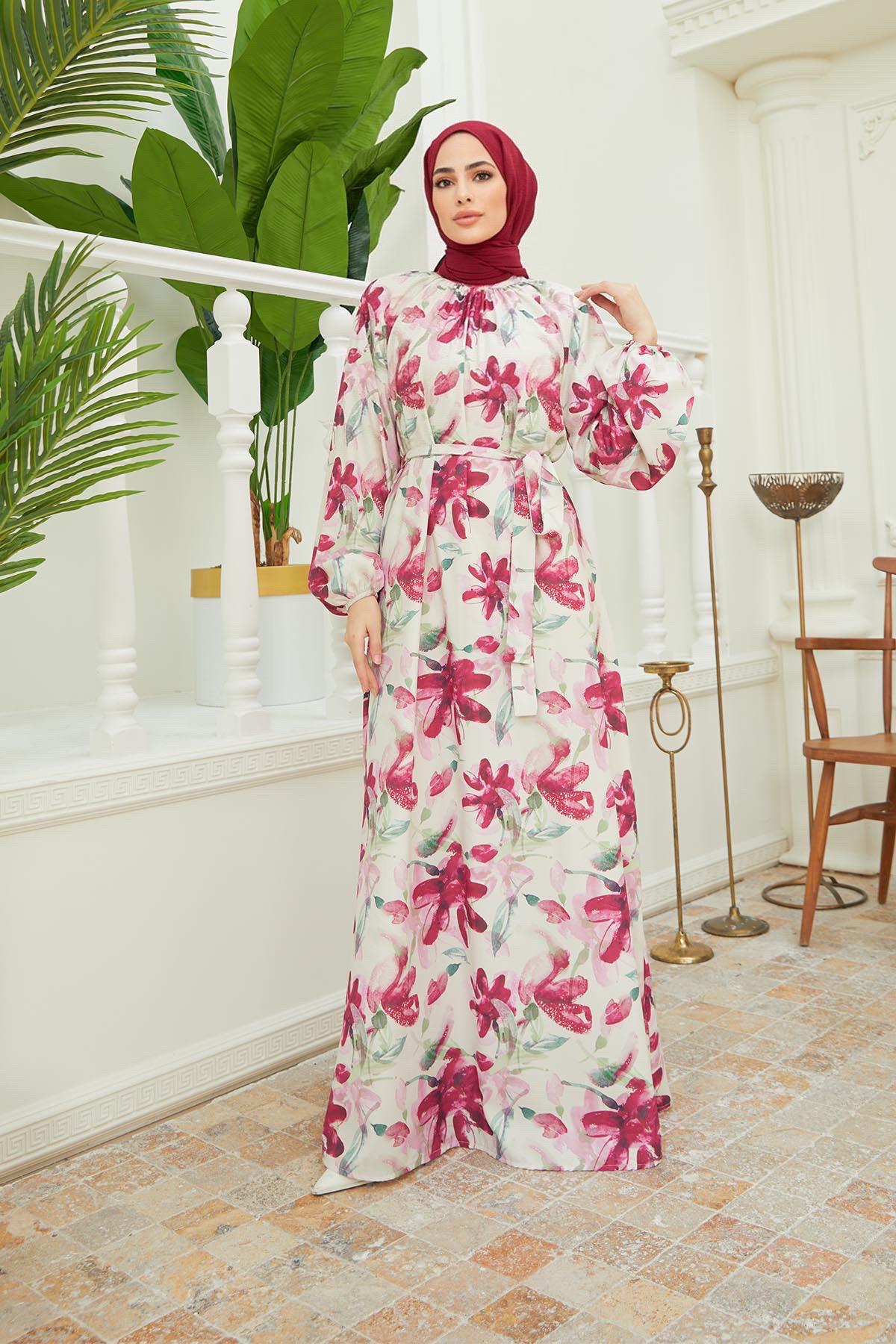 Tesettür Çiçek Desenli Jessica Elbise FuşyaHM4138