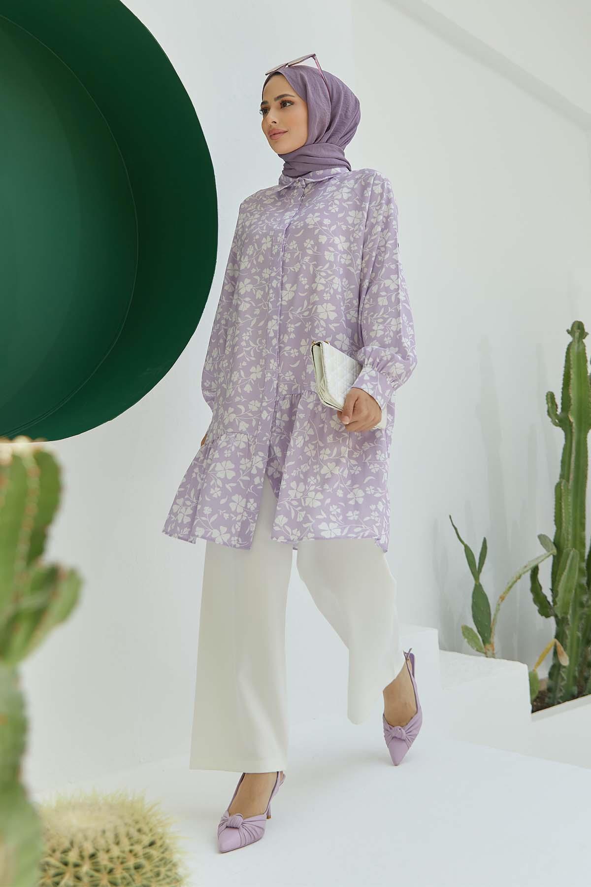 Tesettür Çiçek Desenli Tunik LilaHM4040