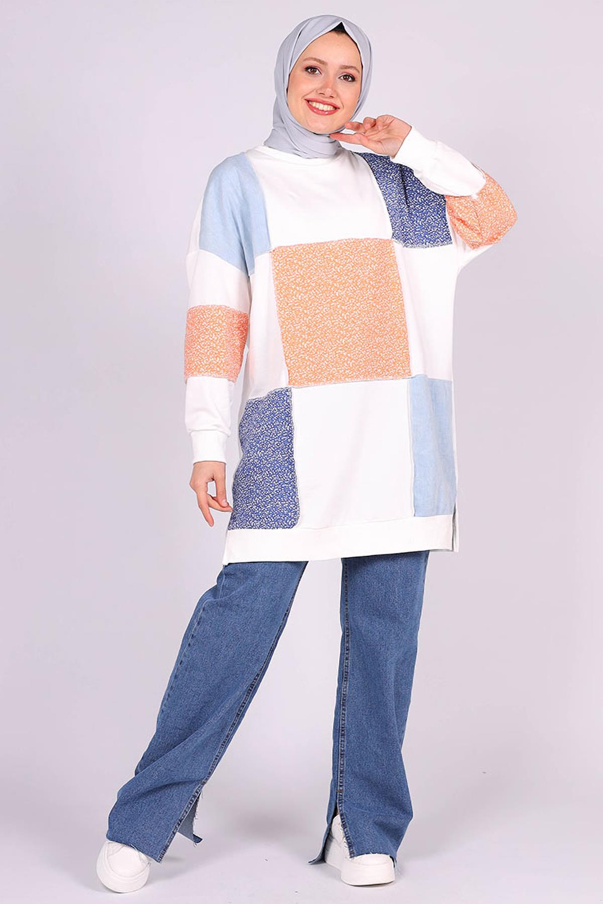 Tesettür Çiçek Parçalı Sweat EkruHM30925
