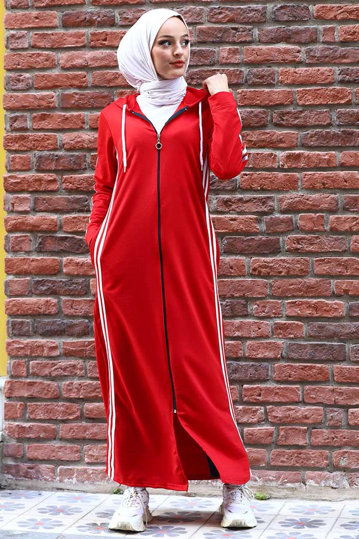 Tesettür Çift Şeritli Rahat Kalıp Ferace KırmızıHM0113