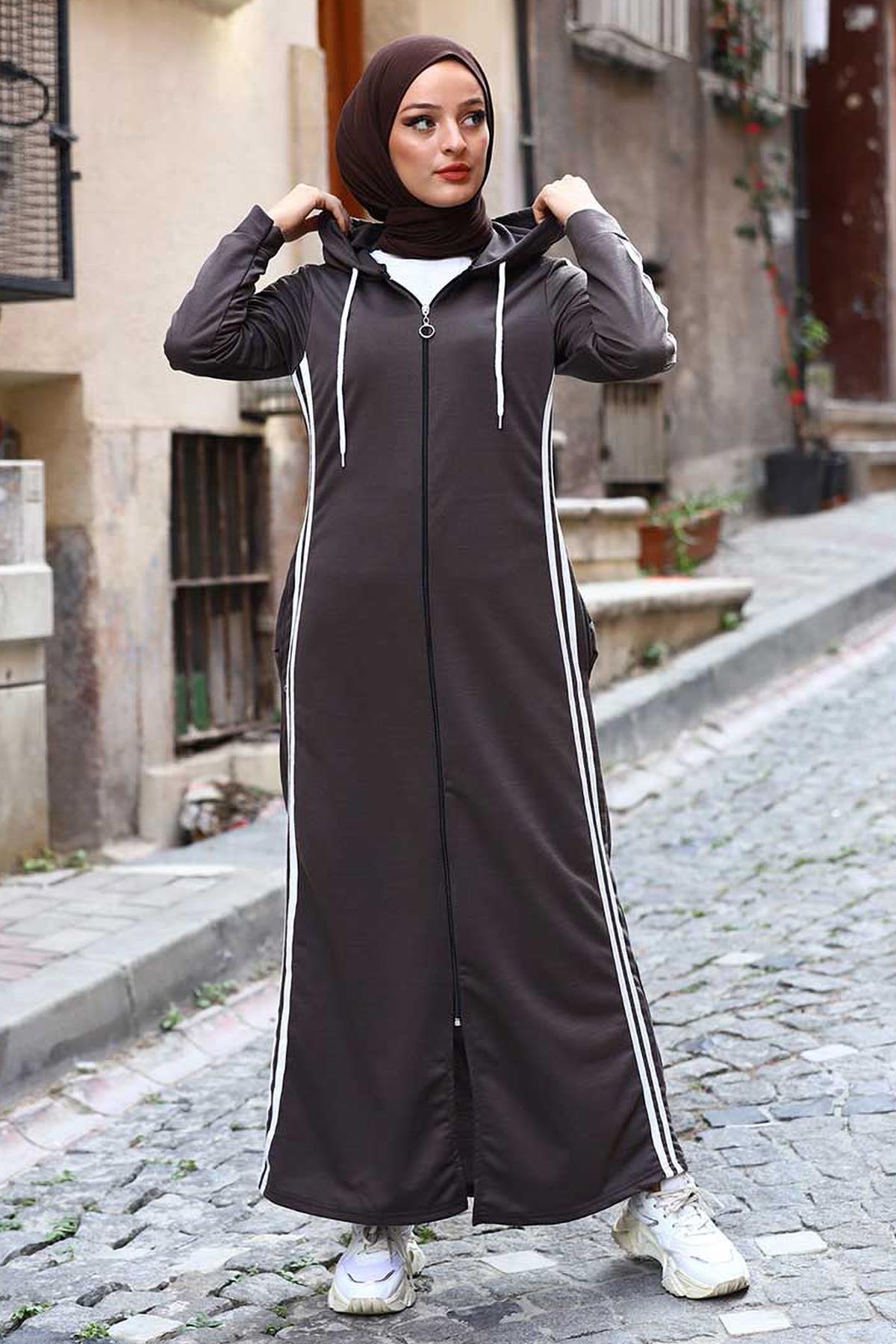 Tesettür Çift Şeritli Rahat Kalıp Ferace GranitHM0113