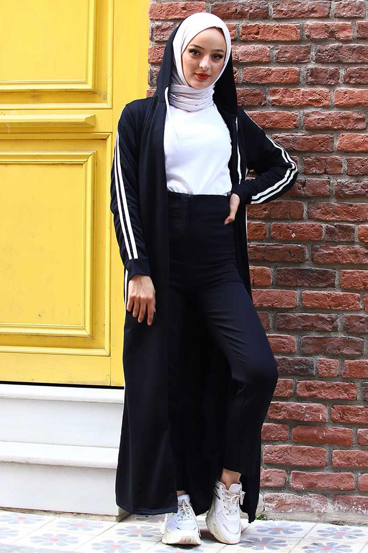 Tesettür Çift Şeritli Rahat Kalıp Ferace SiyahHM0113