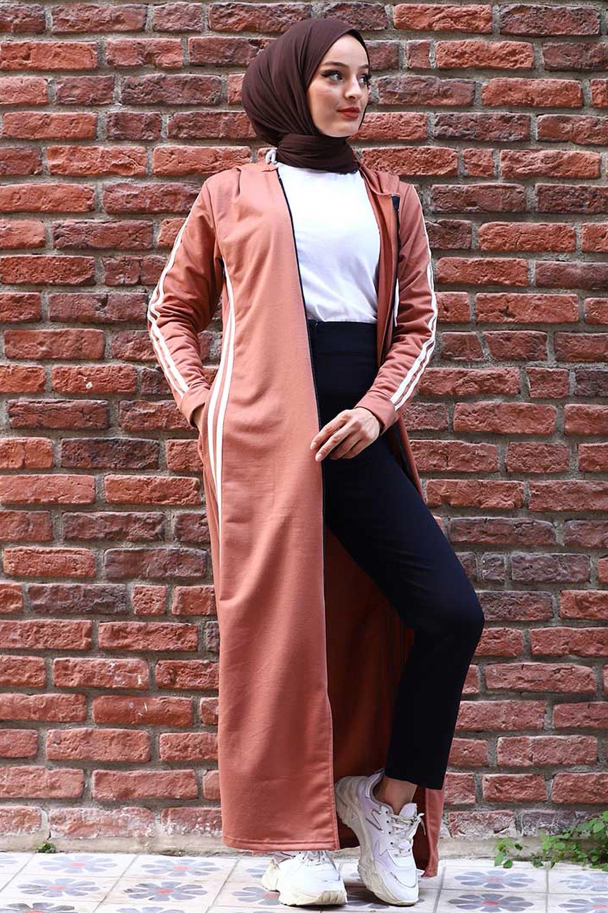 Tesettür Çift Şeritli Rahat Kalıp Ferace KiremitHM0113