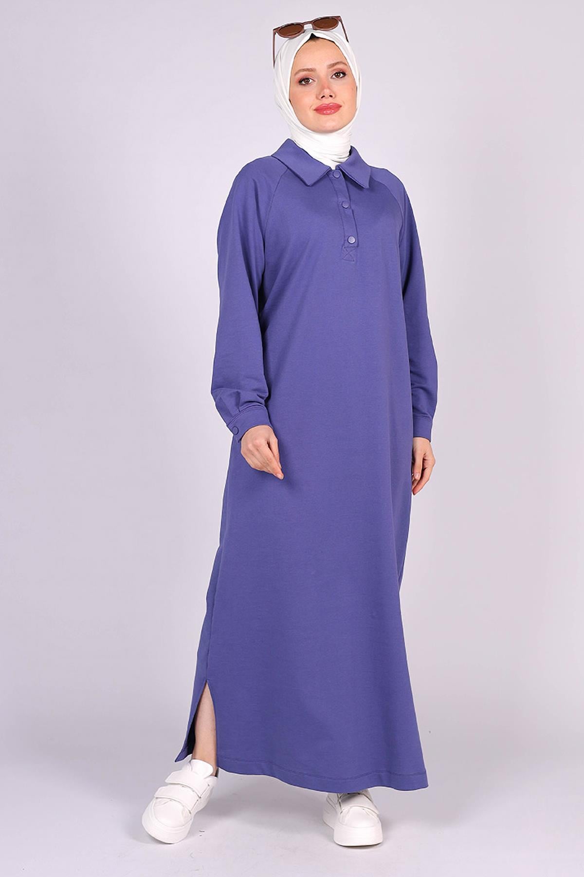 Tesettür Çıtçıtlı Yandan Yırtmaçlı Elbise MorHM30894