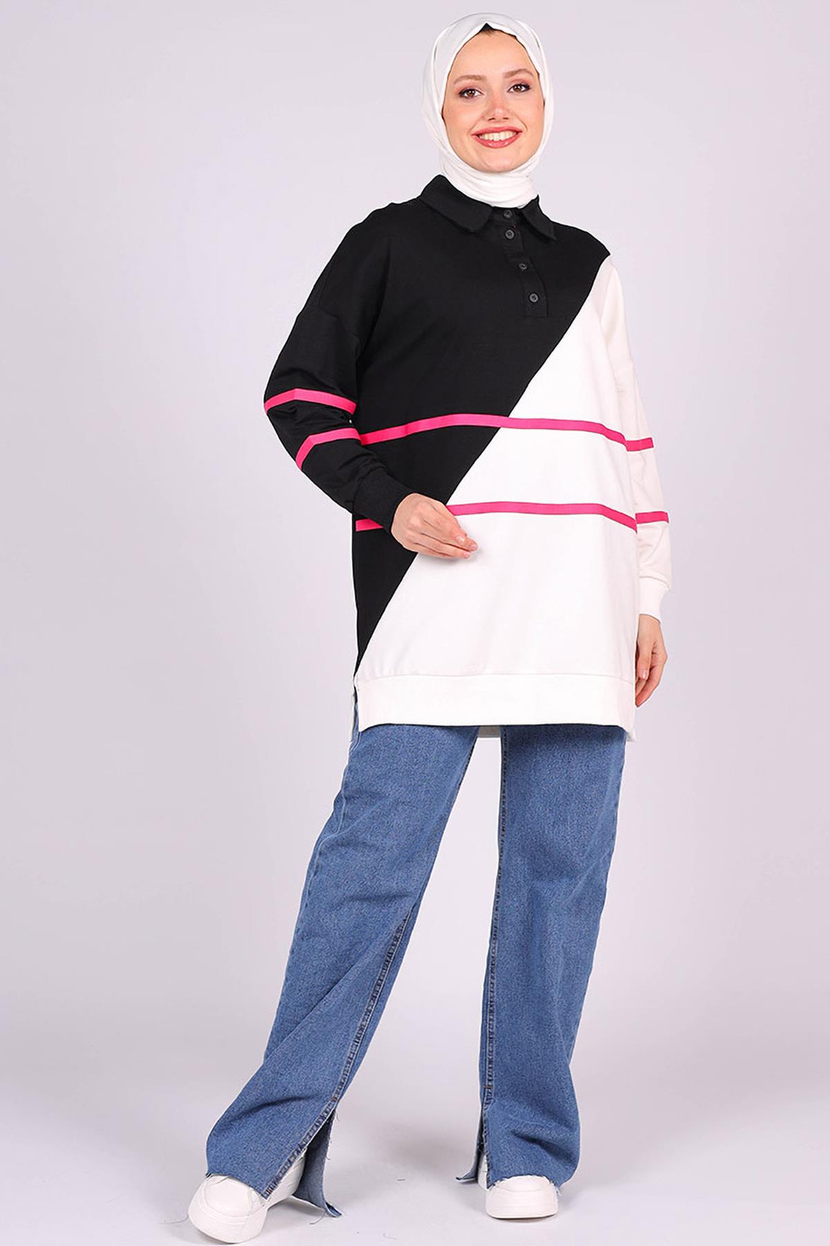 Tesettür Çizgili Sweat FuşyaHM30883