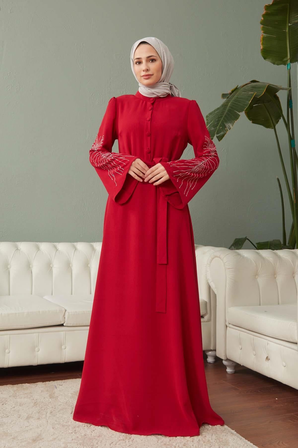 Tesettür Daria Krep Elbise KırmızıHM4160-1