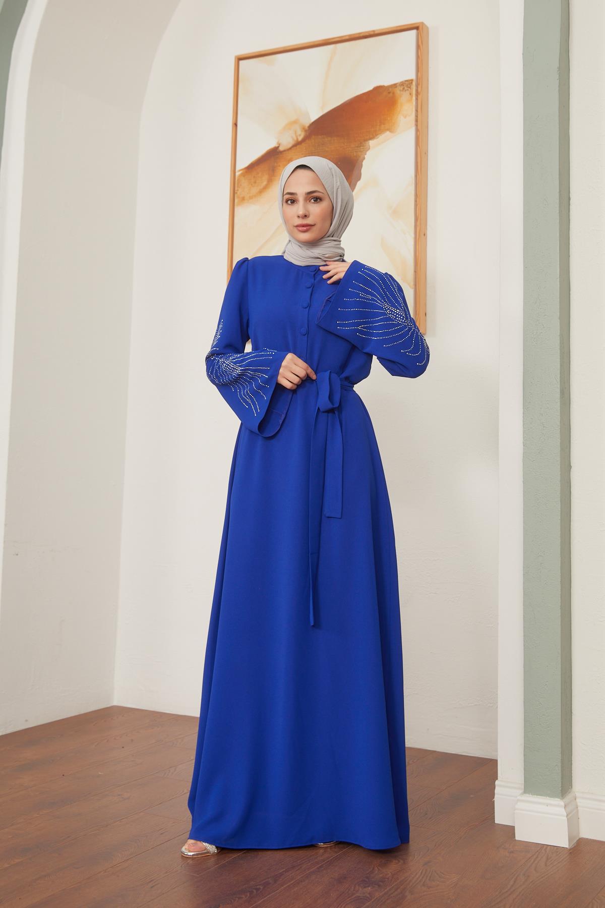 Tesettür Daria Krep Elbise Saks MavisiHM4160-1