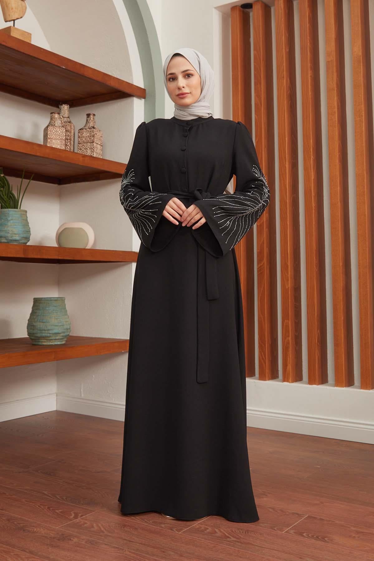 Tesettür Daria Krep Elbise SiyahHM4160-1