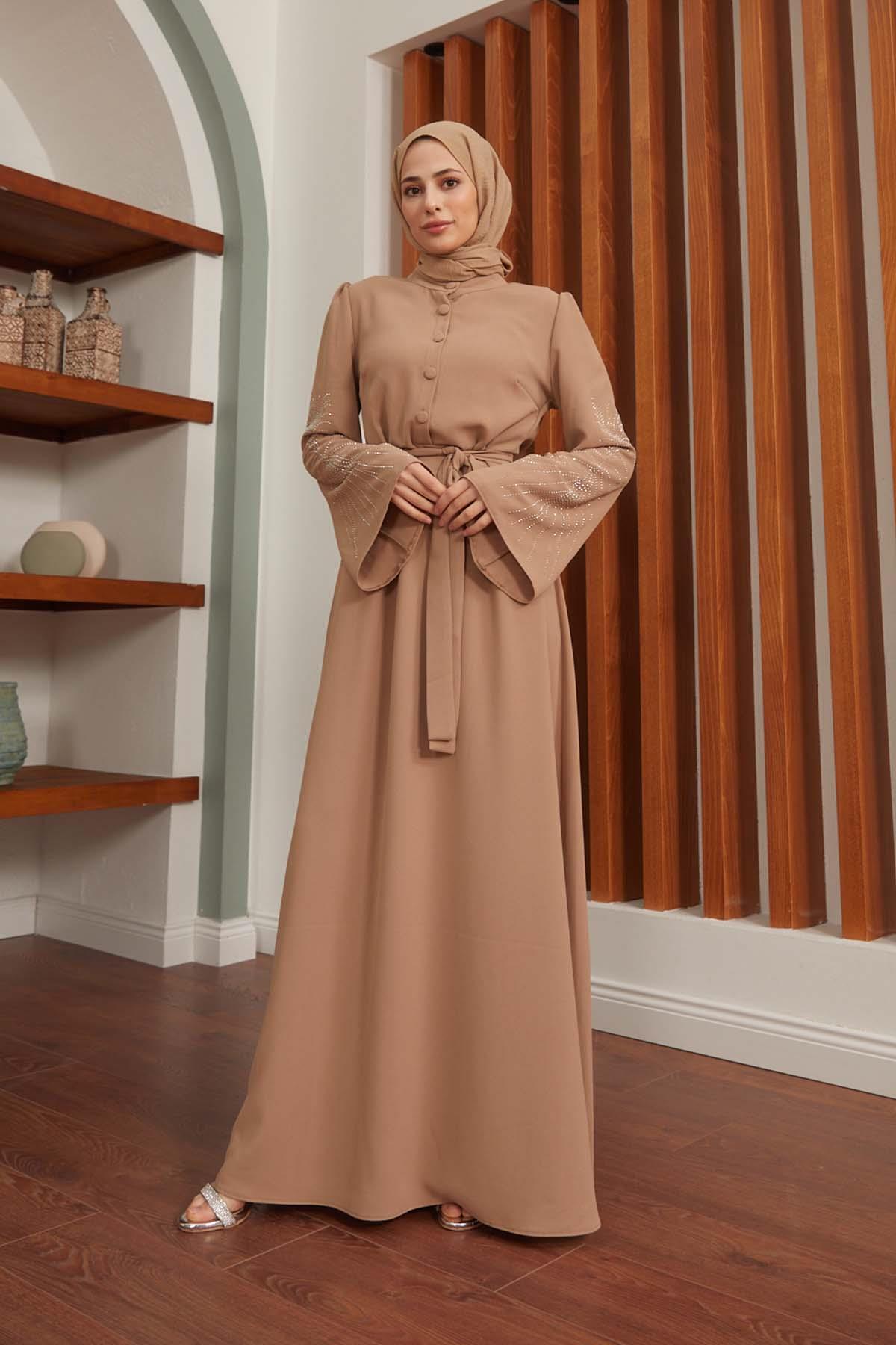 Tesettür Daria Krep Elbise VizonHM4160-1