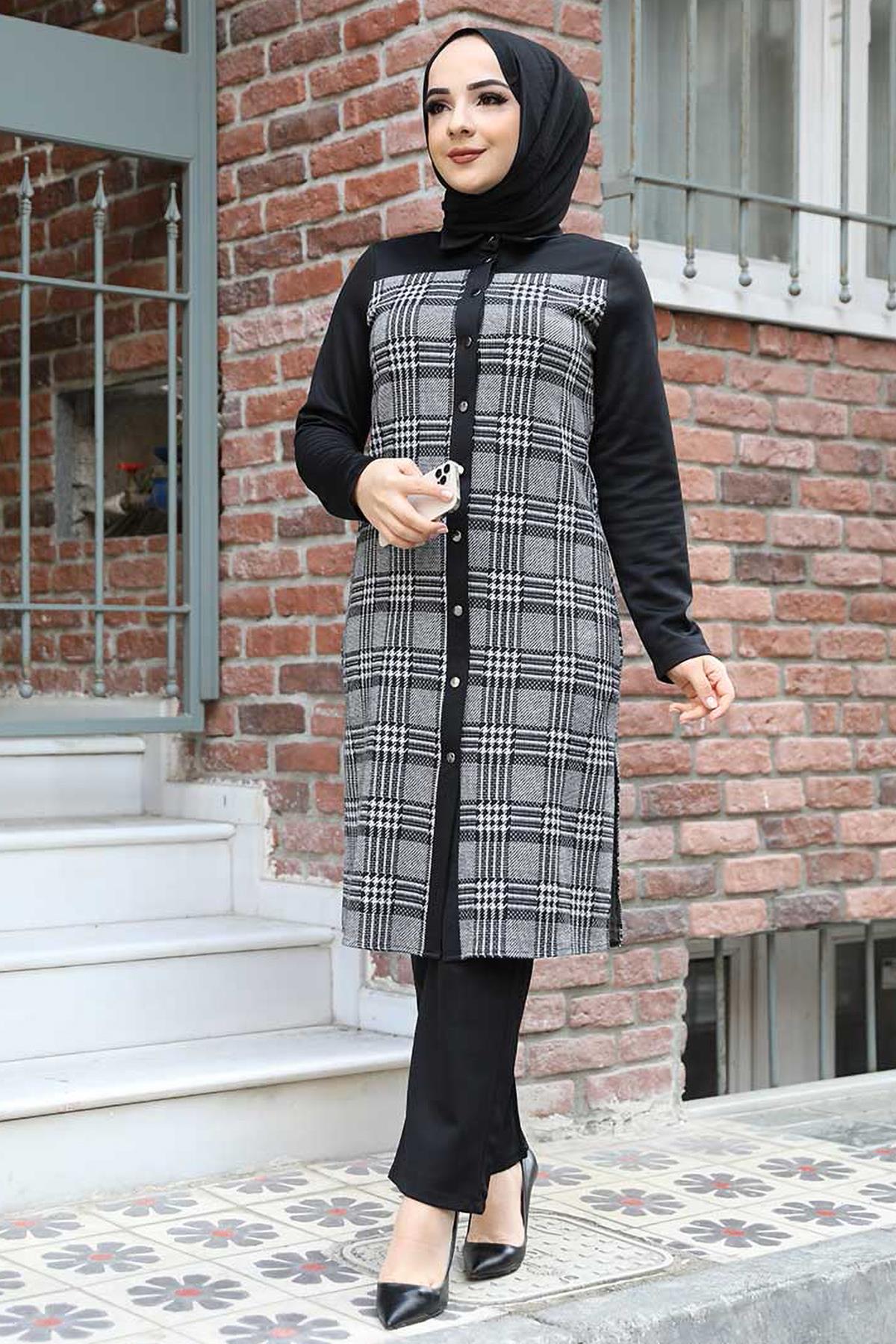 Tesettür Digonel Ekose Tunik Pantolon Kombin GriHM4004