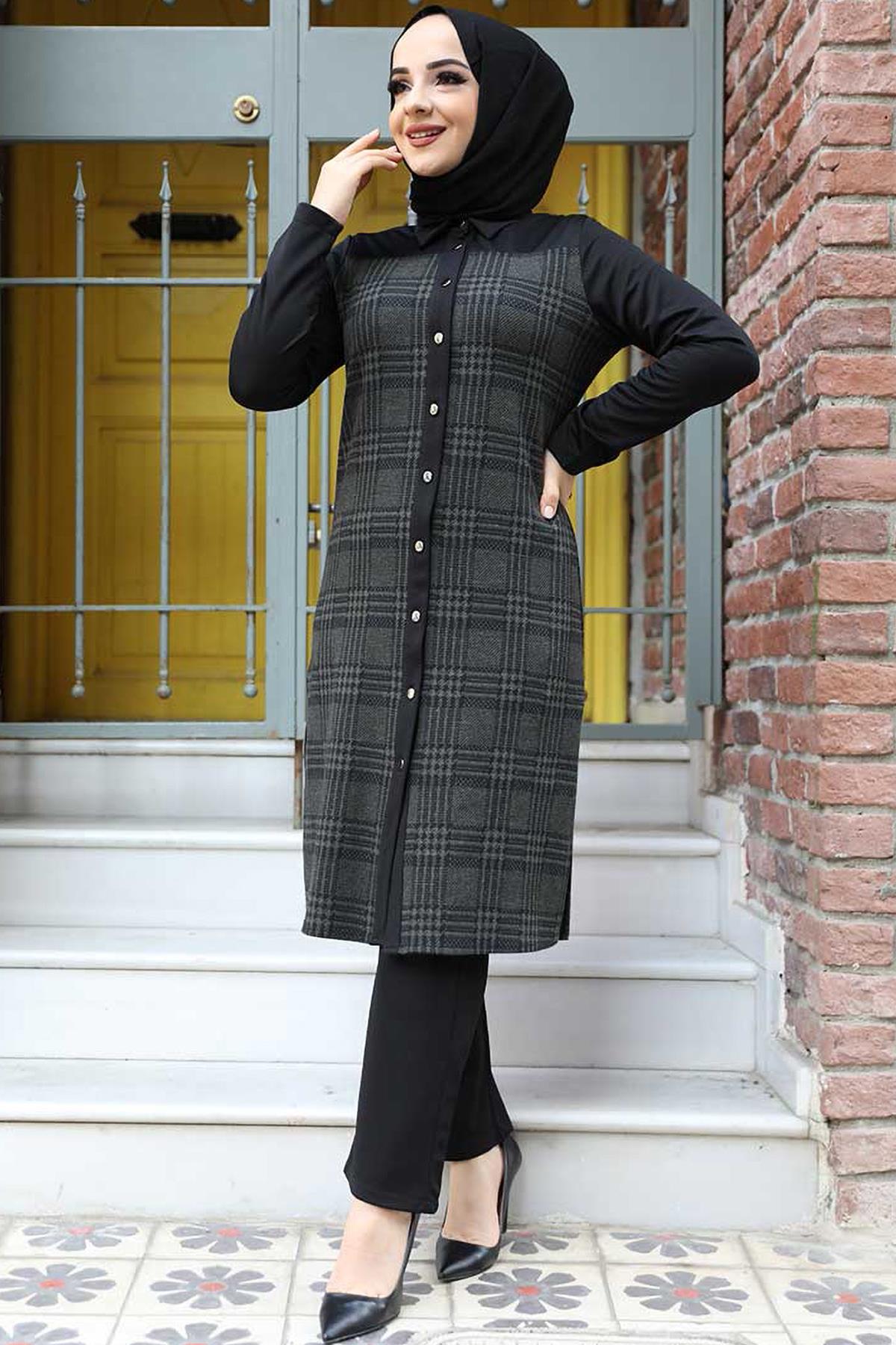 Tesettür Digonel Ekose Tunik Pantolon Kombin HakiHM4004