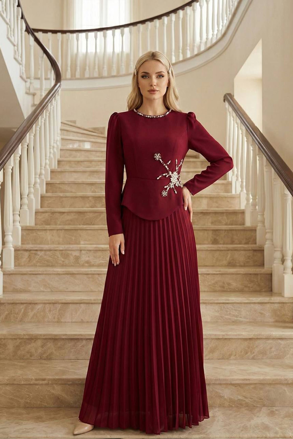Tesettür DORA Adriana& Şifon Abiye Takım BordoLP6376