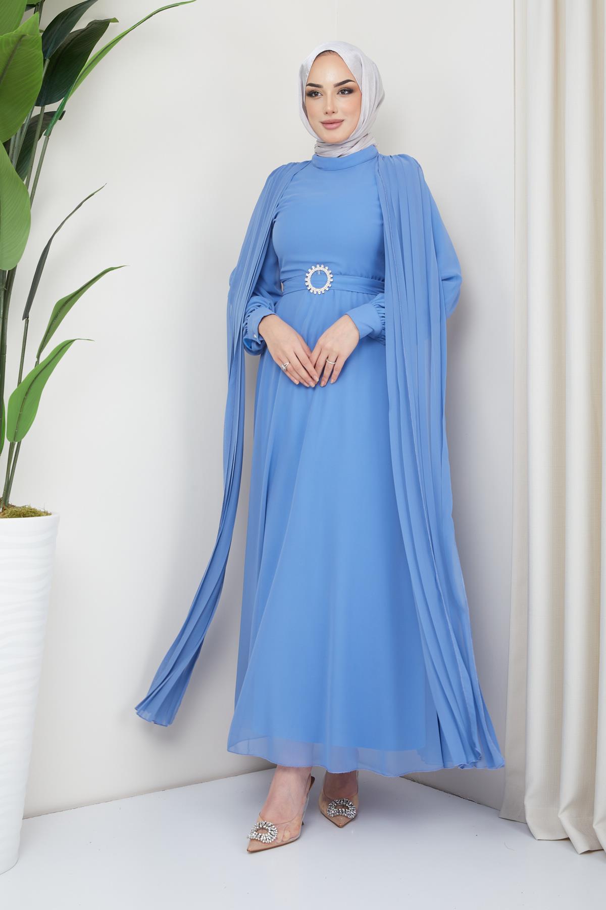 Tesettür Drape Pilise Detay Tokalı Şifon Abiye MaviHM4177