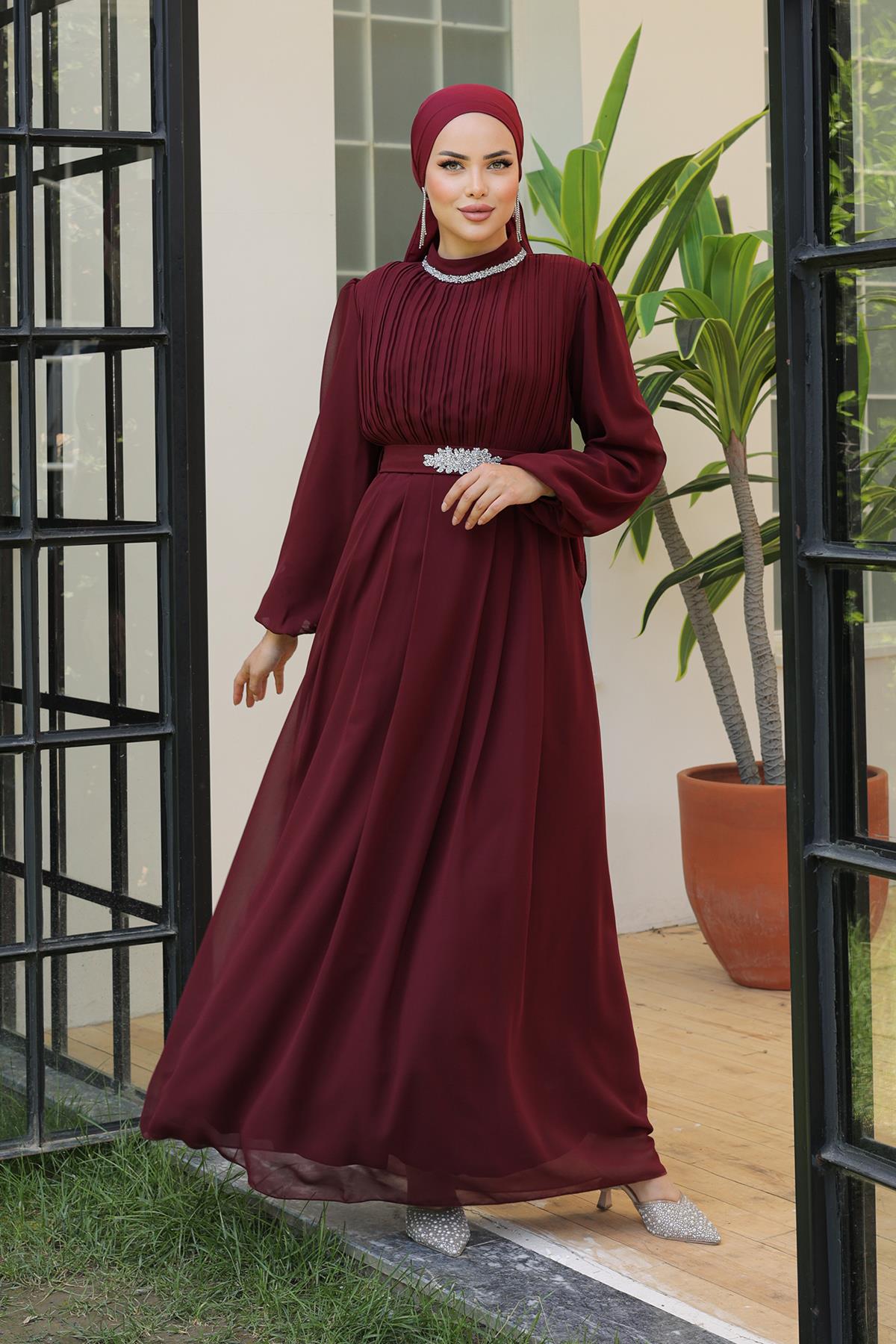 Tesettür Ecrin Şifon Abiye BordoLP6056