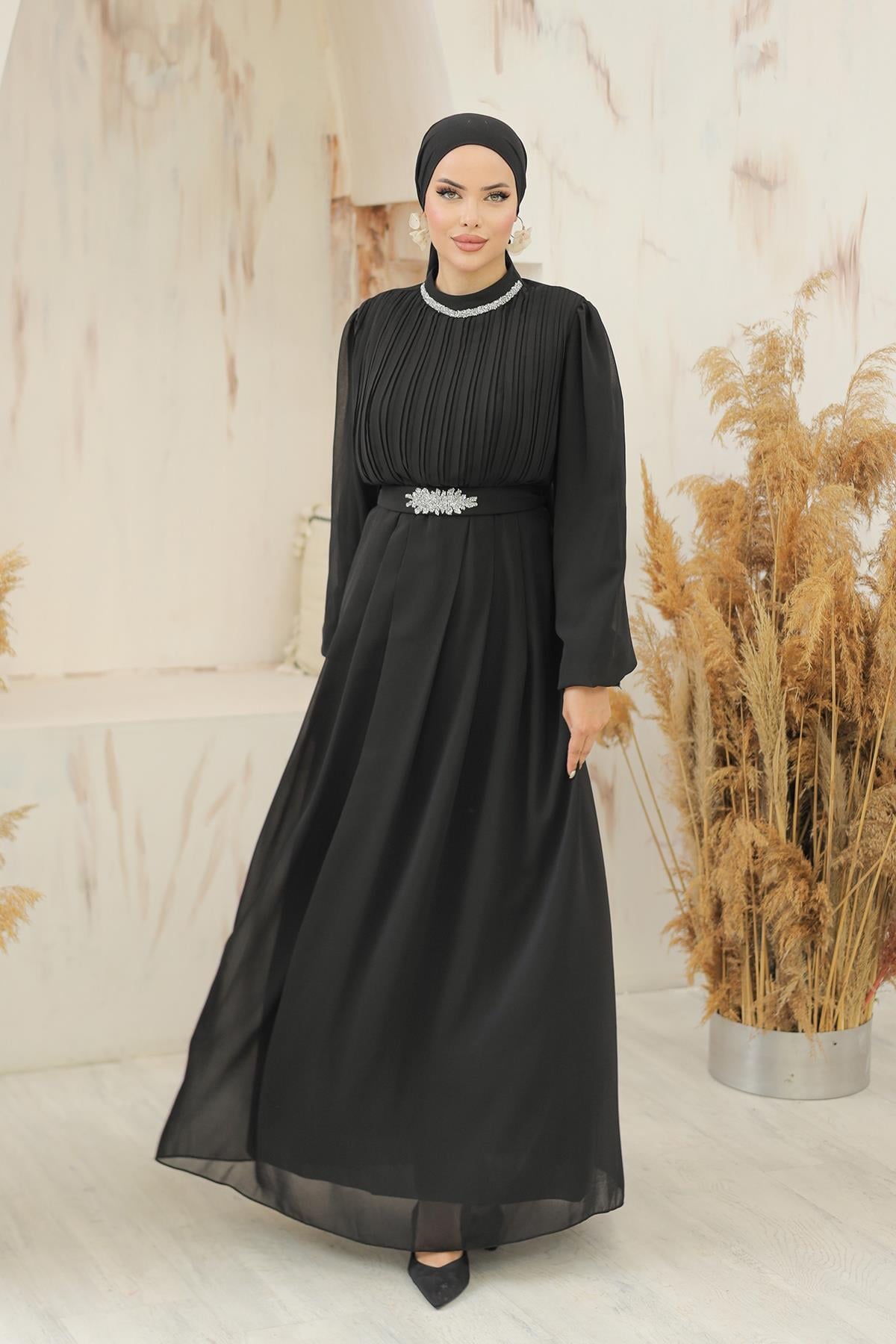 Tesettür Ecrin Şifon Abiye SiyahLP6056