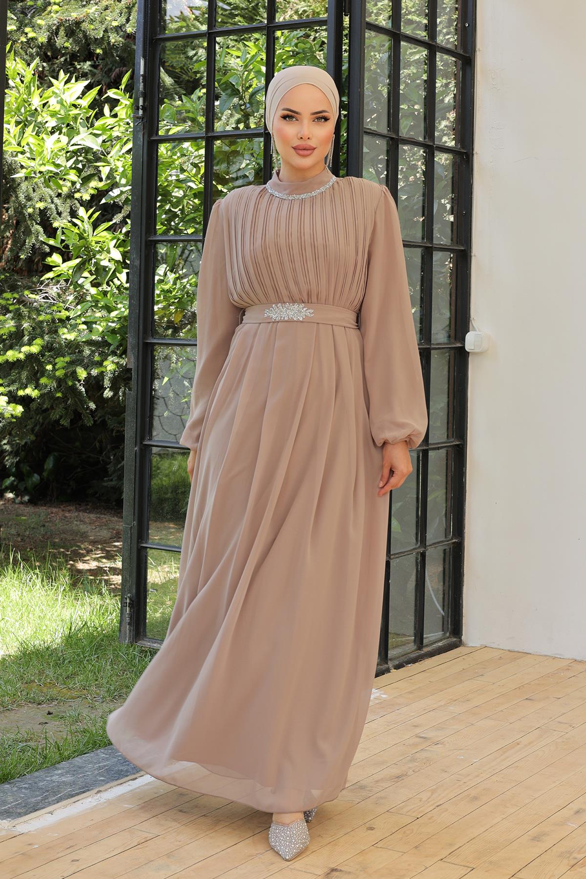 Tesettür Ecrin Şifon Abiye VizonLP6056