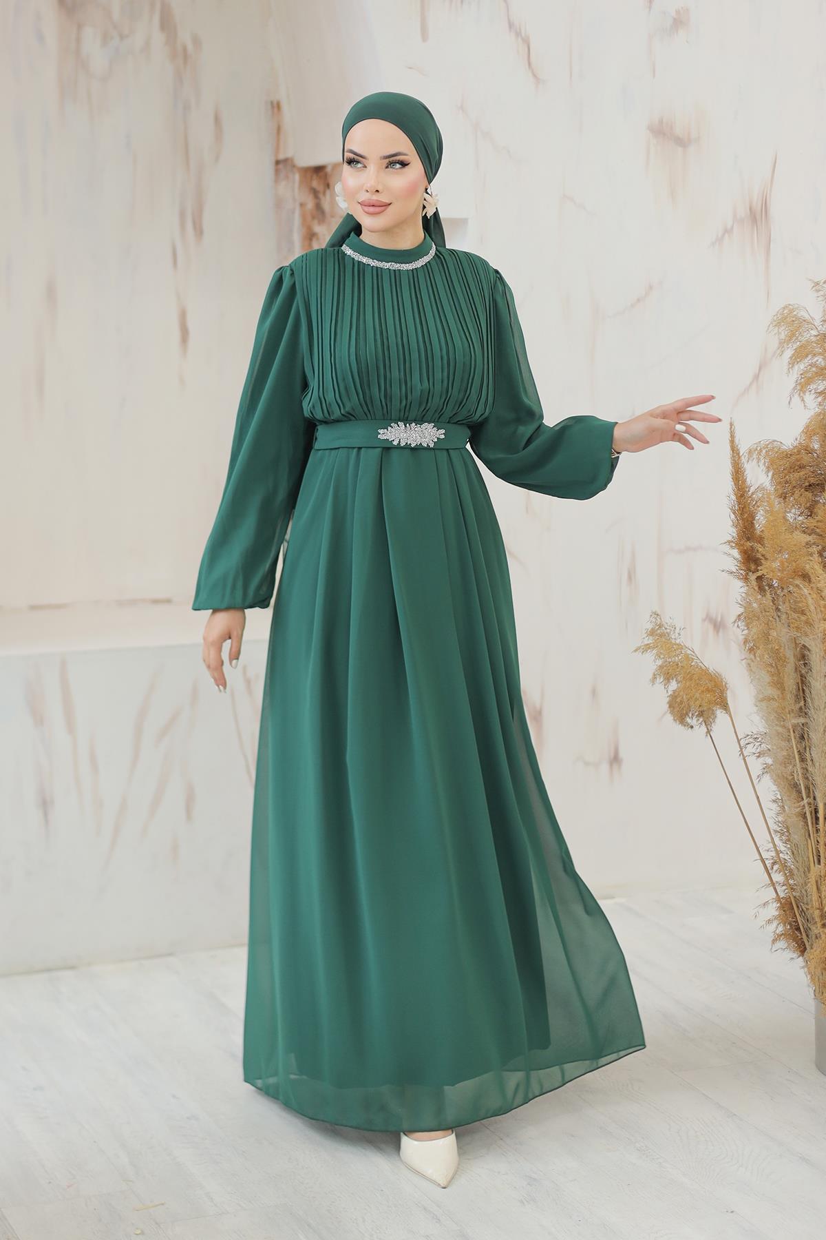 Tesettür Ecrin Şifon Abiye Zümrüt YeşiliLP6056