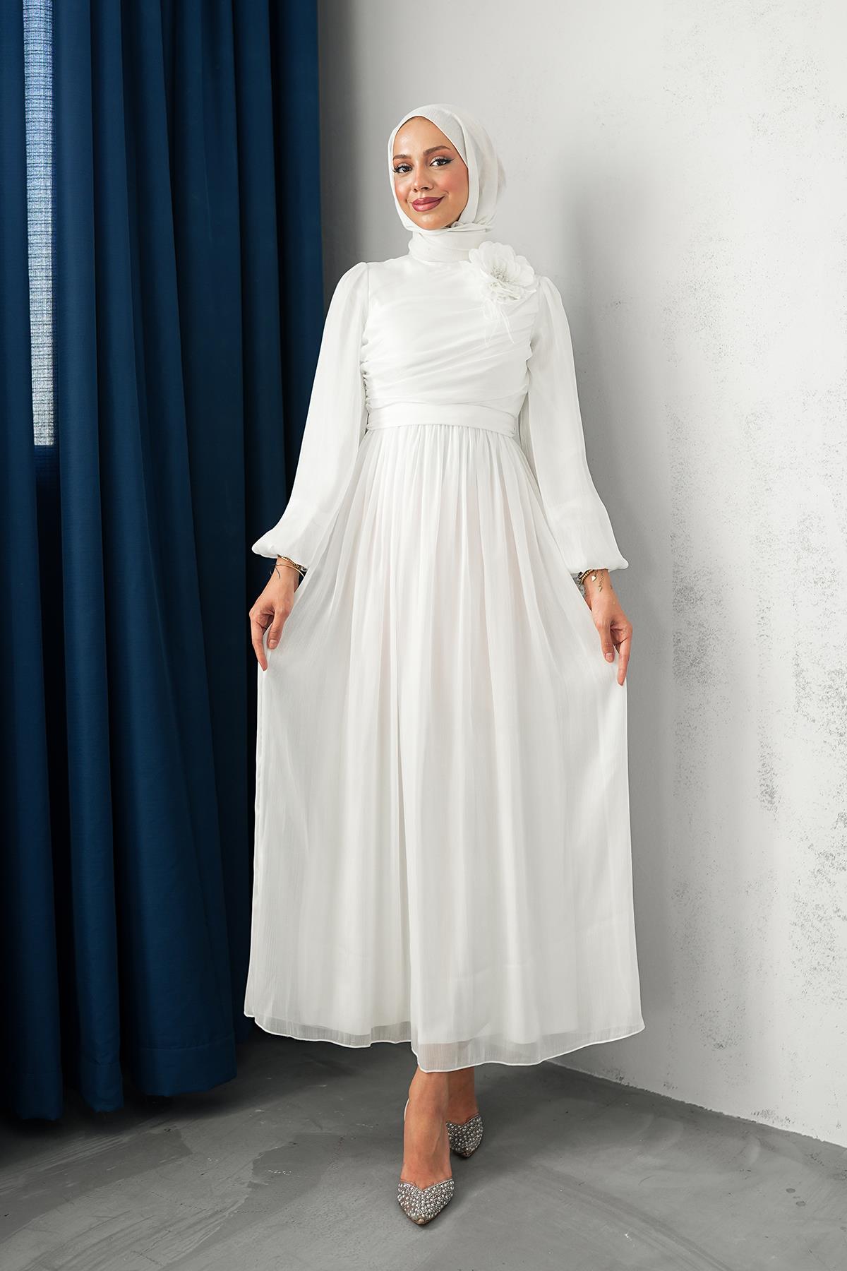 Tesettür Efruz Işıltı Abiye BeyazLP6300