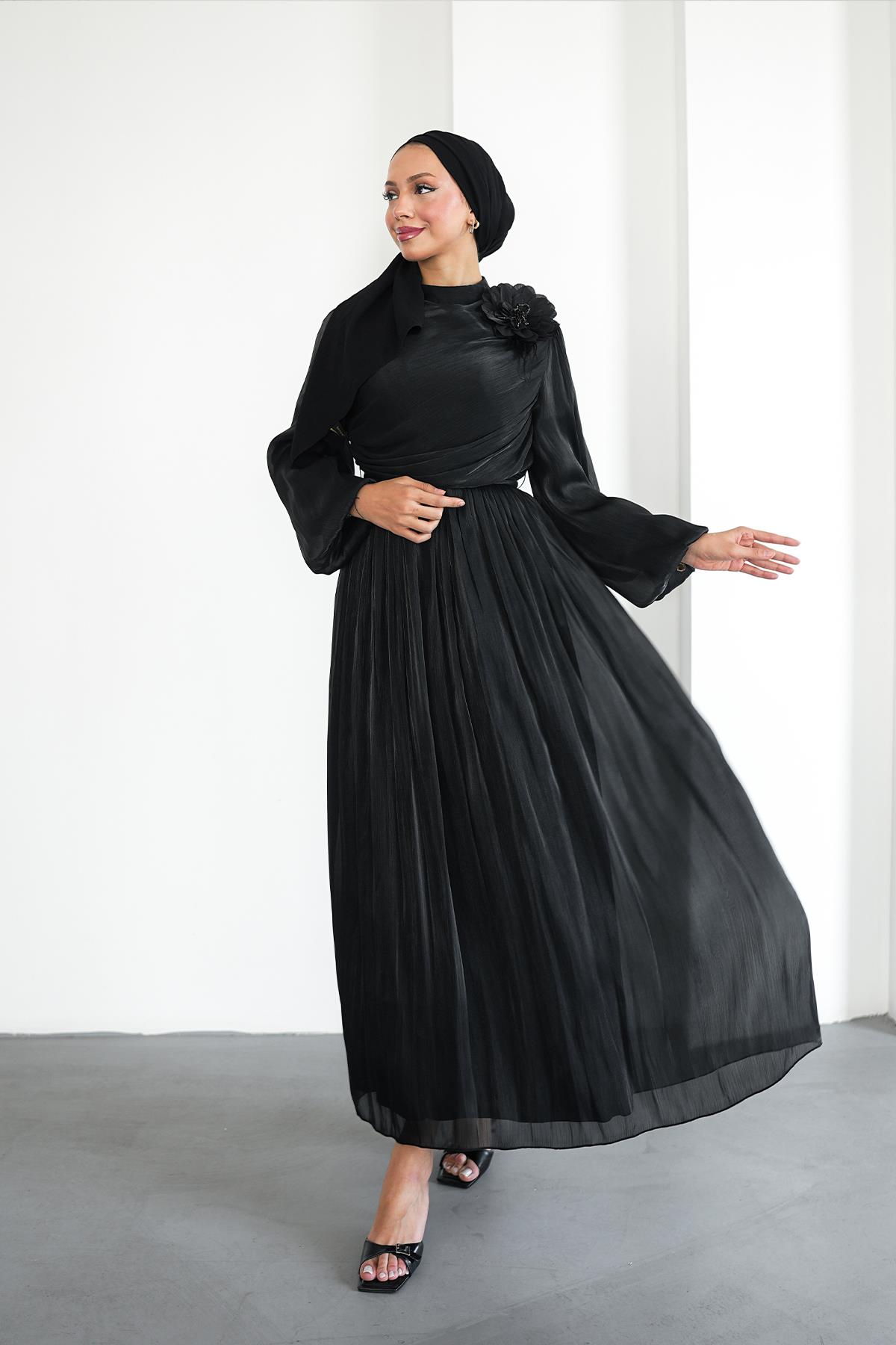 Tesettür Efruz Işıltı Abiye SiyahLP6300