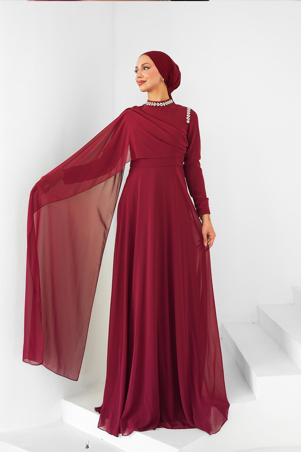 Tesettür Efşan Şifon Abiye BordoLP6294