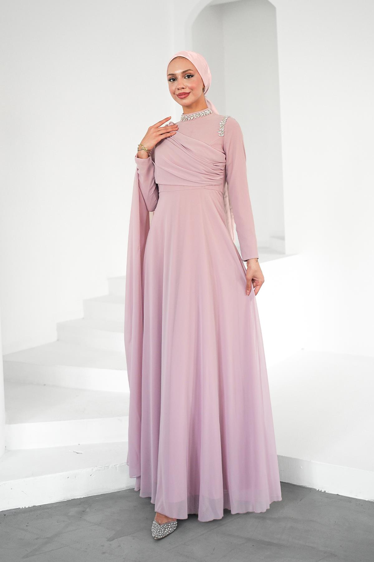 Tesettür Efşan Şifon Abiye PudraLP6294