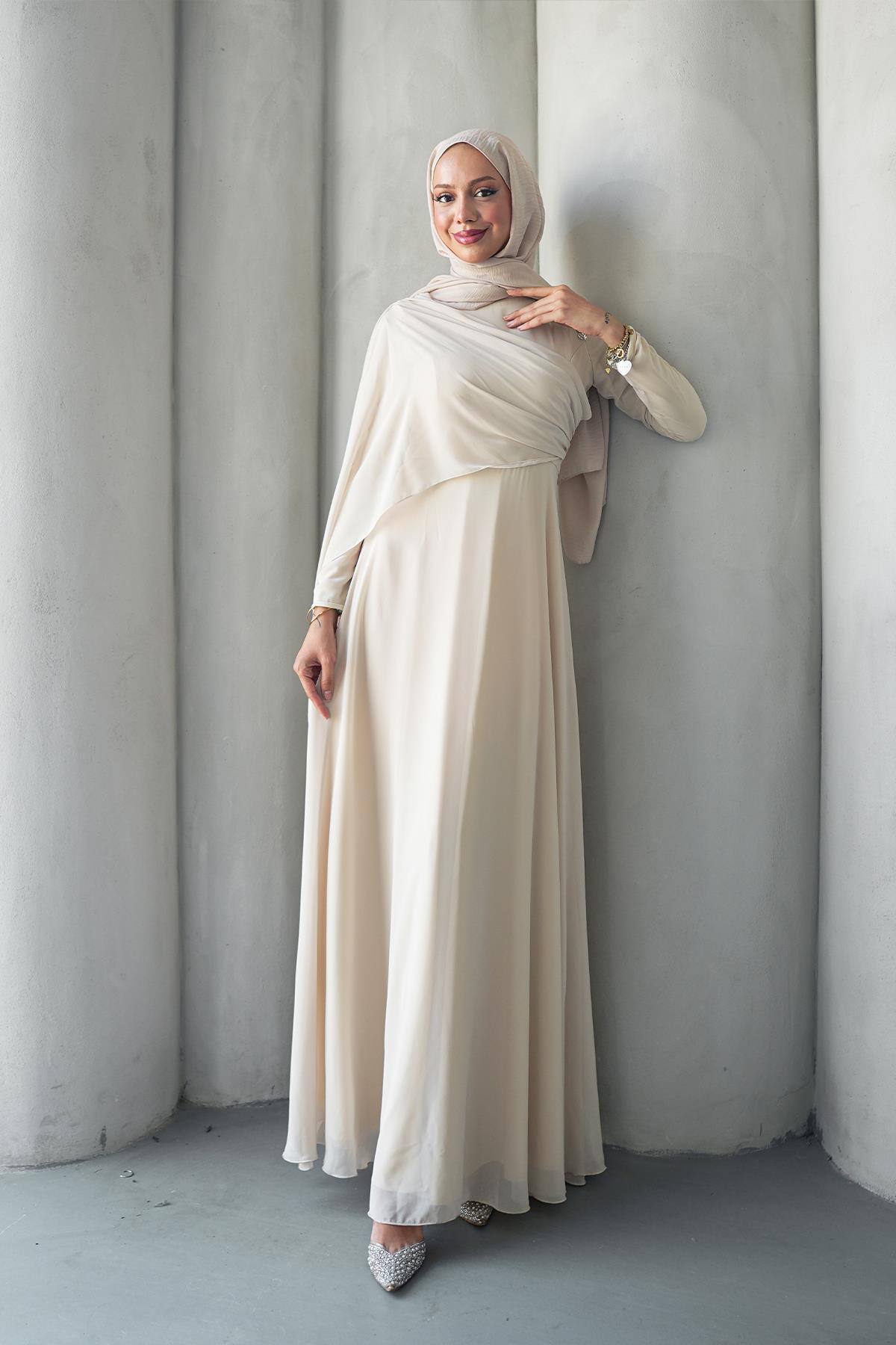 Tesettür Efşan Şifon Abiye Taş RengiLP6294