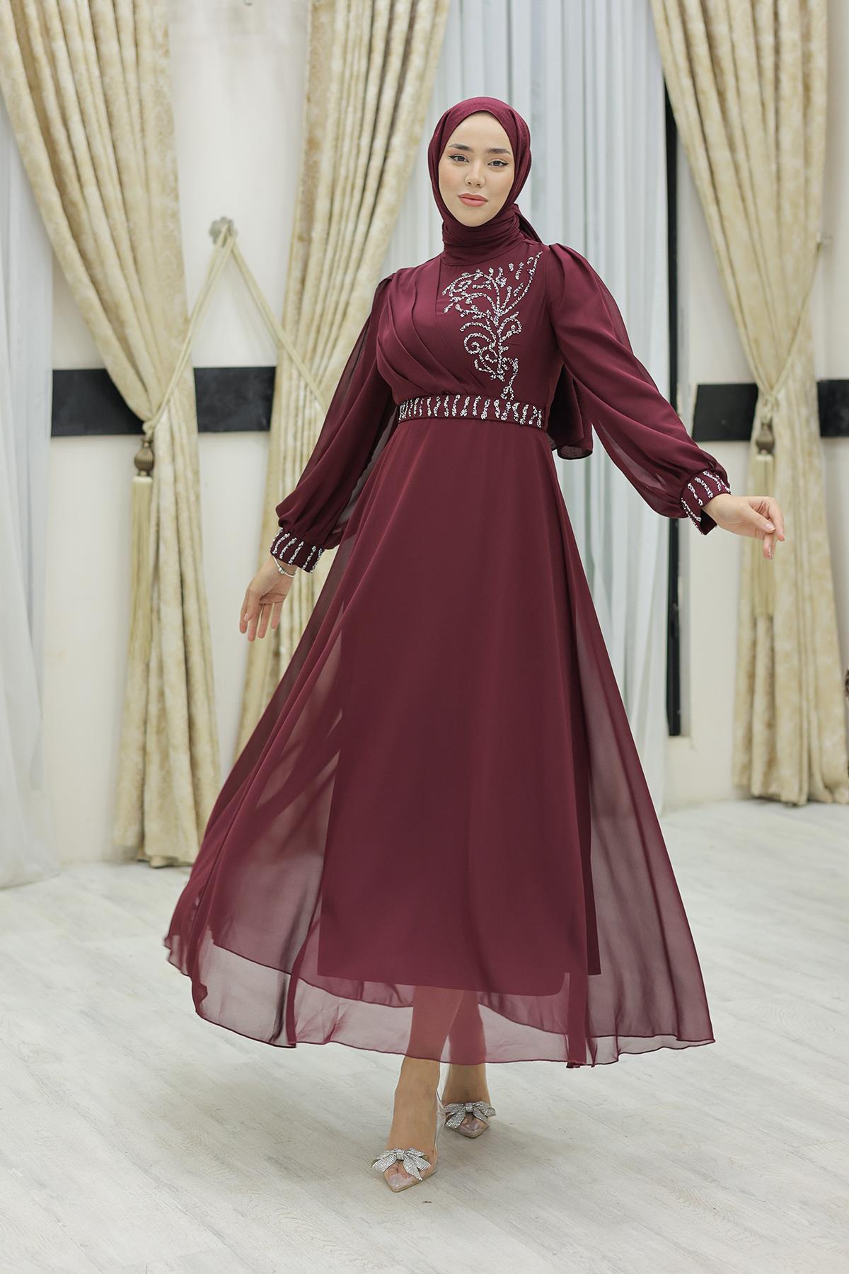 Tesettür Efsun Şifon Abiye BordoLP6055