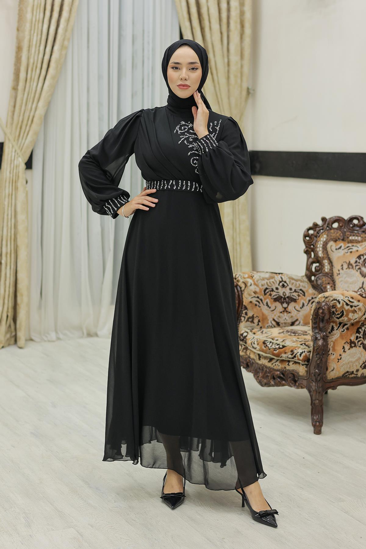 Tesettür Efsun Şifon Abiye SiyahLP6055