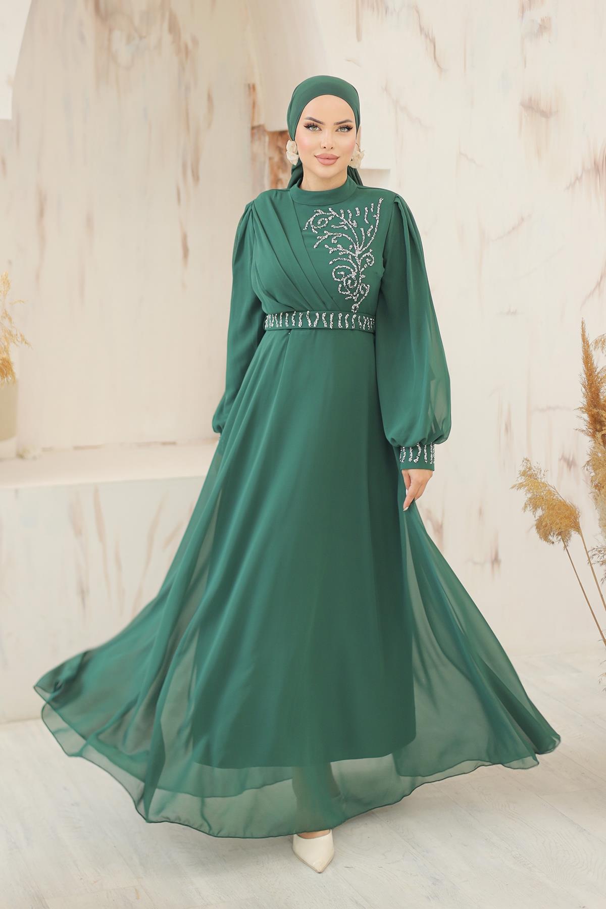 Tesettür Efsun Şifon Abiye Zümrüt YeşiliLP6055