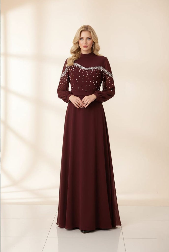 Tesettür Elçin Şifon Abiye BordoLP6344