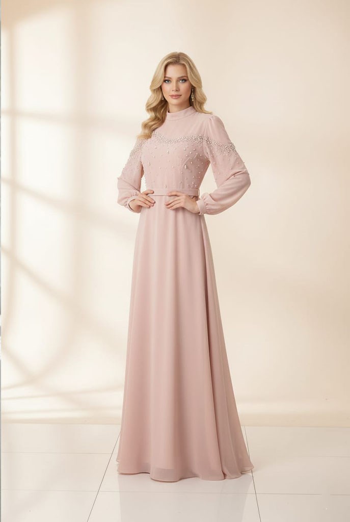 Tesettür Elçin Şifon Abiye PudraLP6344