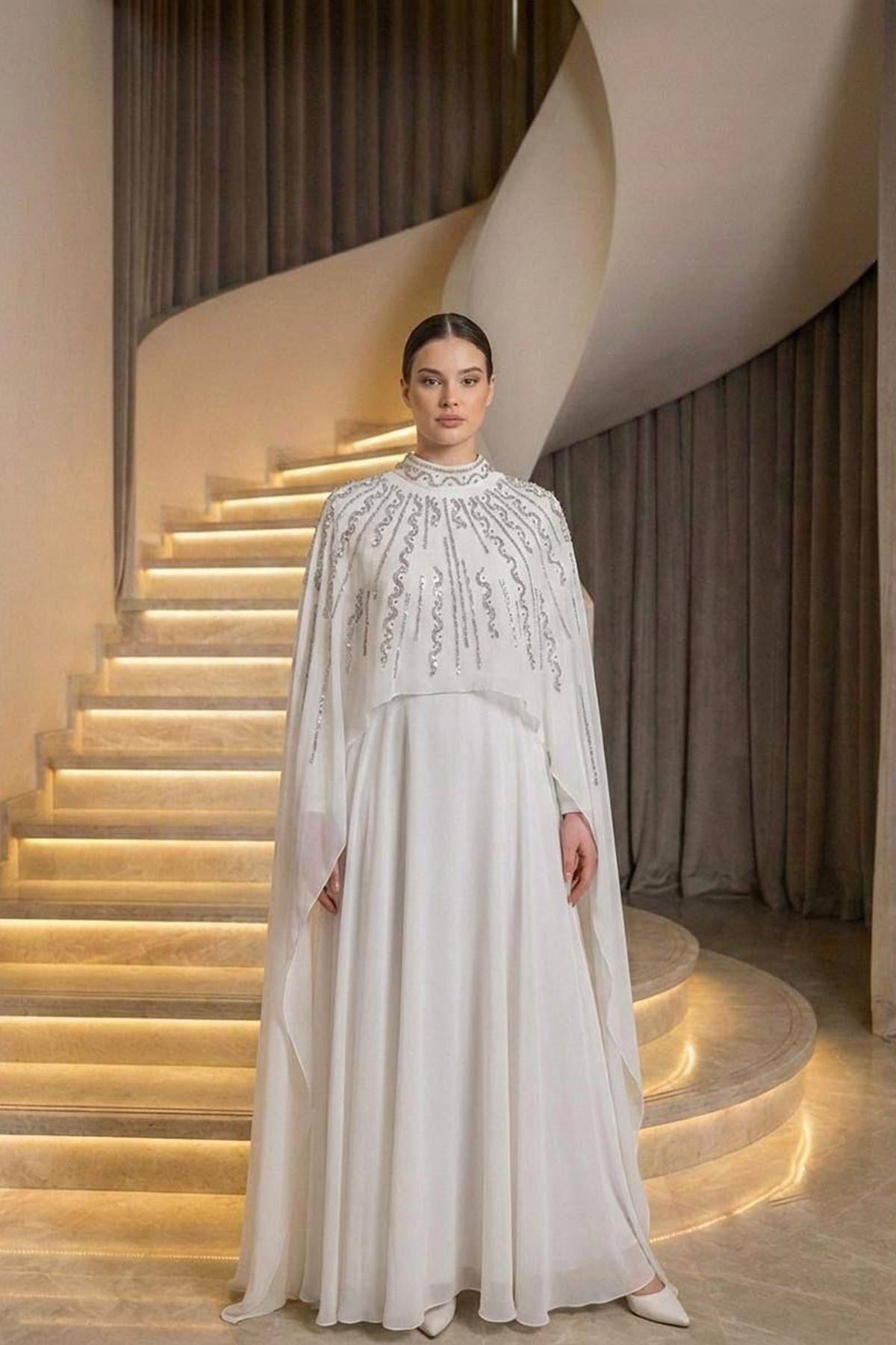 Tesettür Elmina Şifon Abiye BeyazLP6295-2