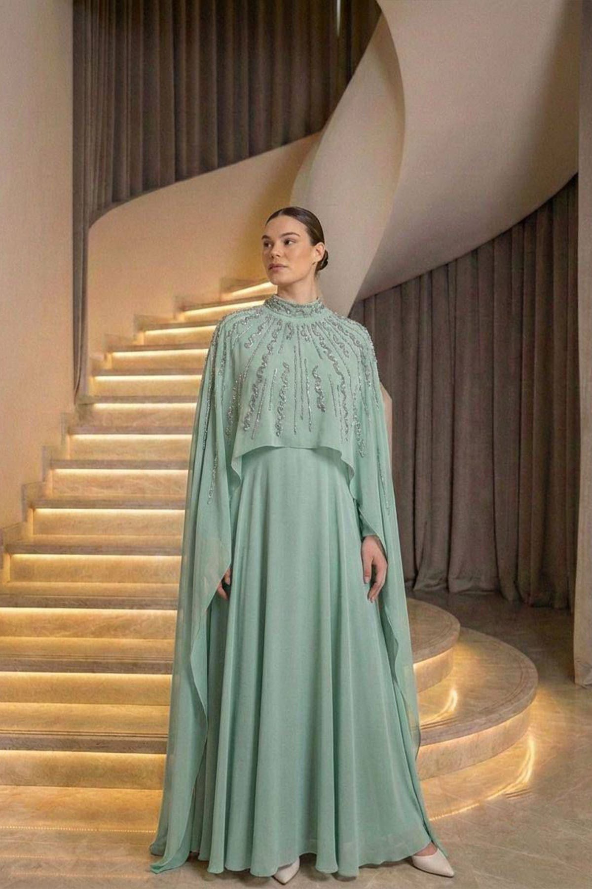 Tesettür Elmina Şifon Abiye Mint YeşiliLP6295-2