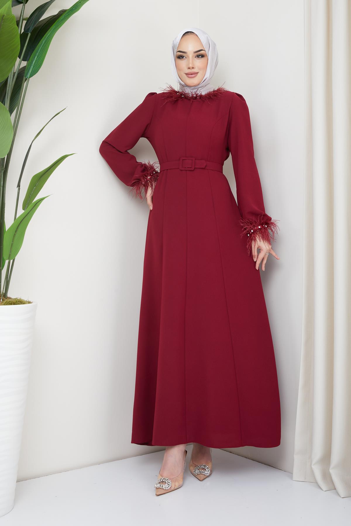 Tesettür Esla Krep Elbise BordoHM4142-1