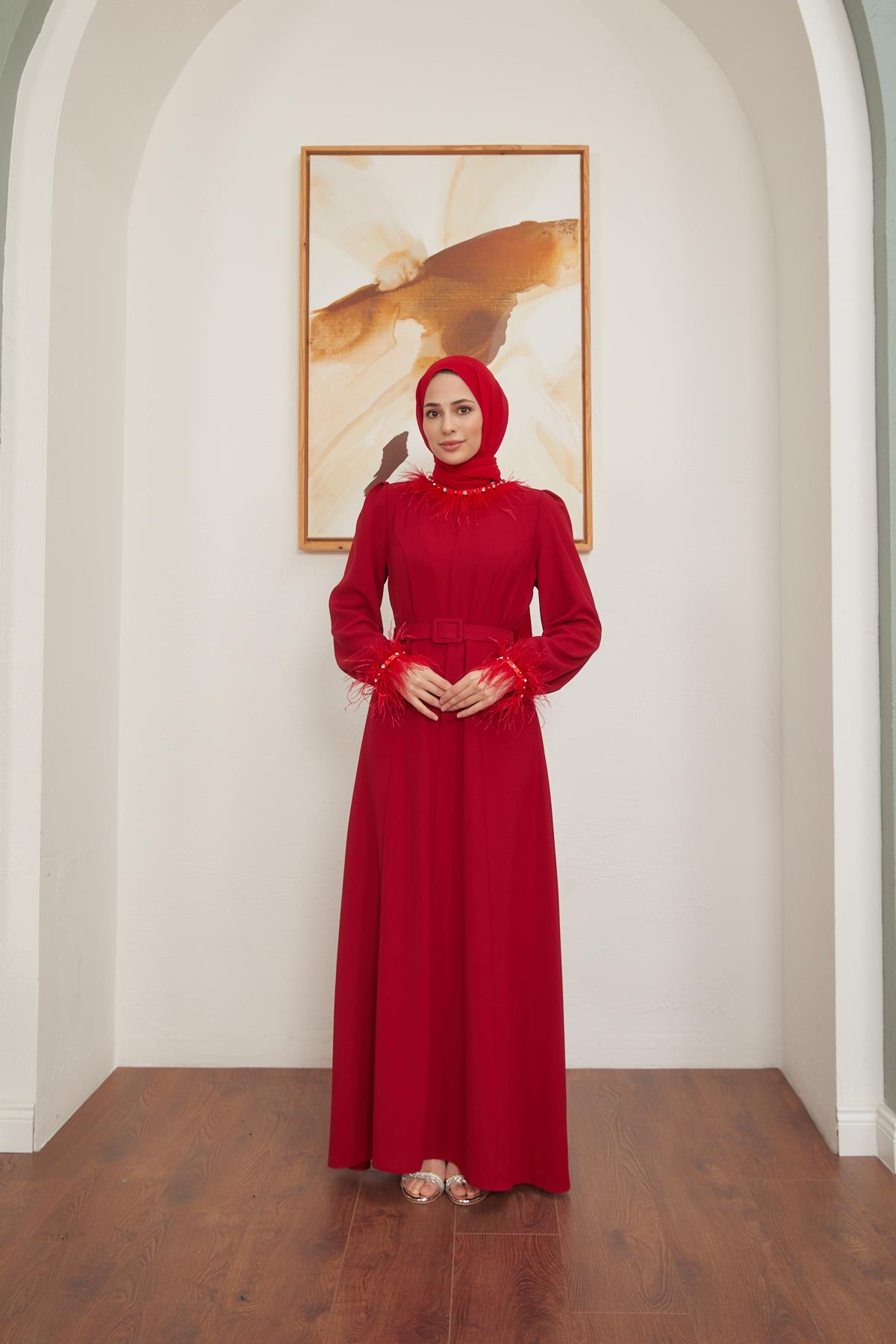 Tesettür Esla Krep Elbise KırmızıHM4142-1