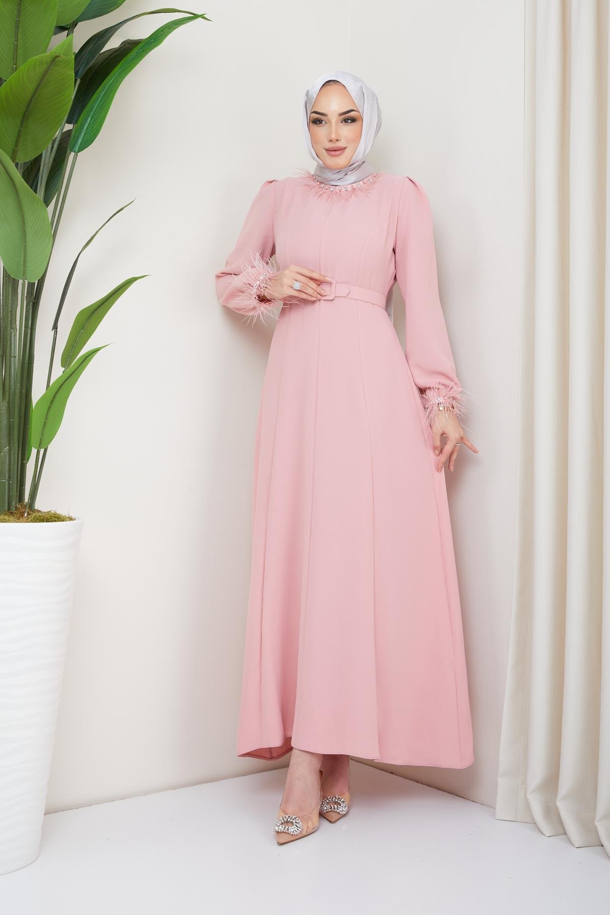 Tesettür Esla Krep Elbise PudraHM4142-1