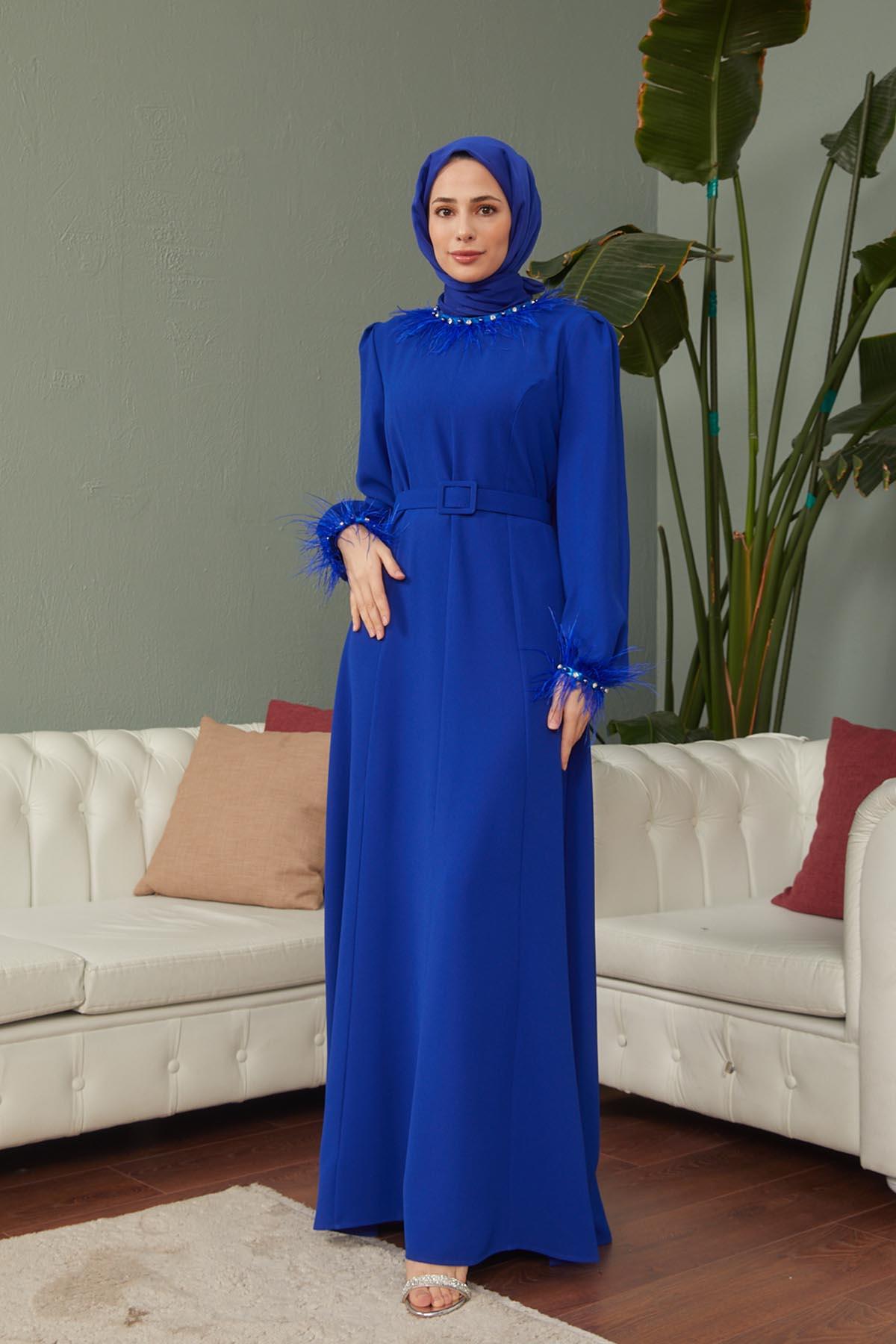 Tesettür Esla Krep Elbise Saks MavisiHM4142-1