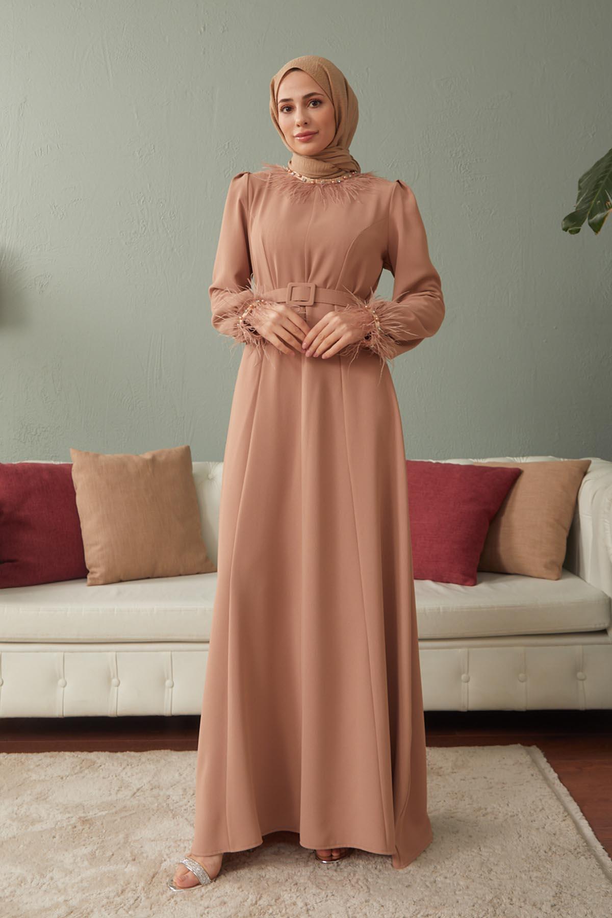 Tesettür Esla Krep Elbise VizonHM4142