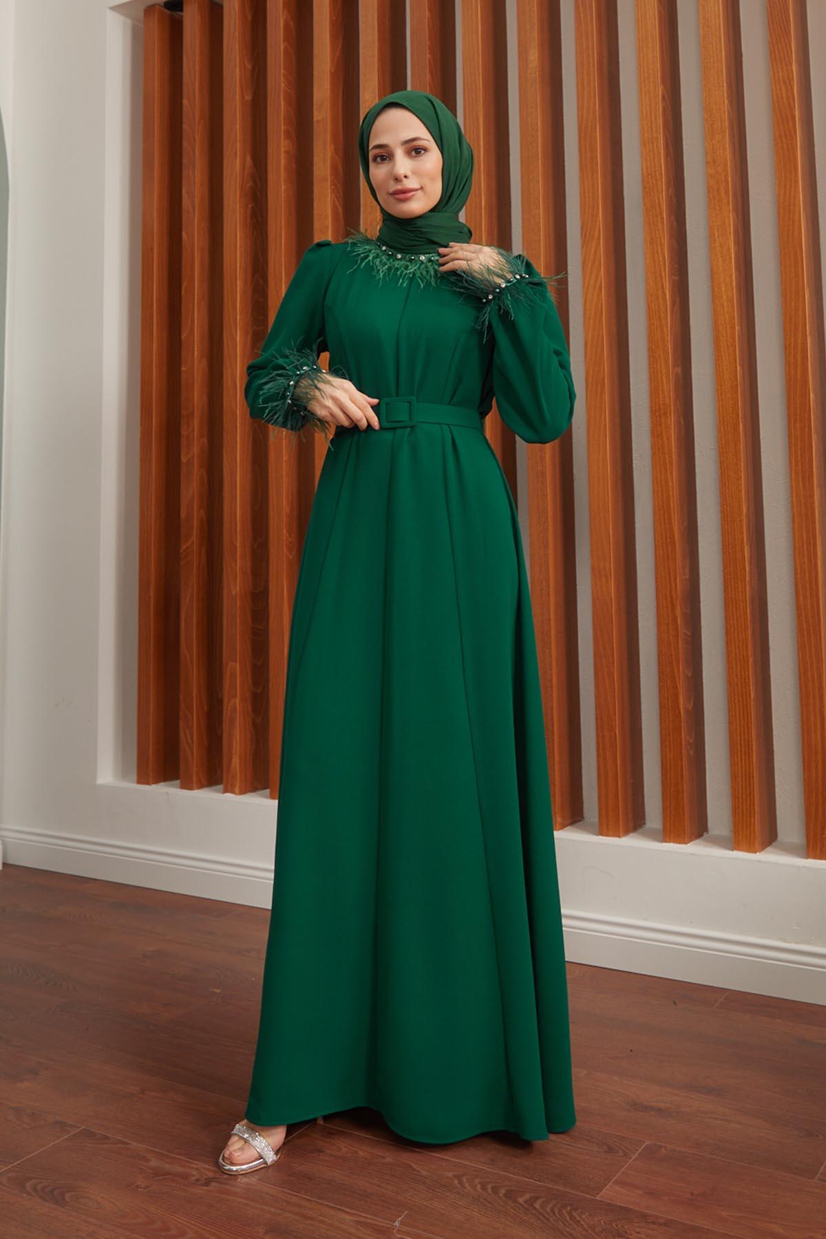 Tesettür Esla Krep Elbise Zümrüt YeşiliHM4142-1