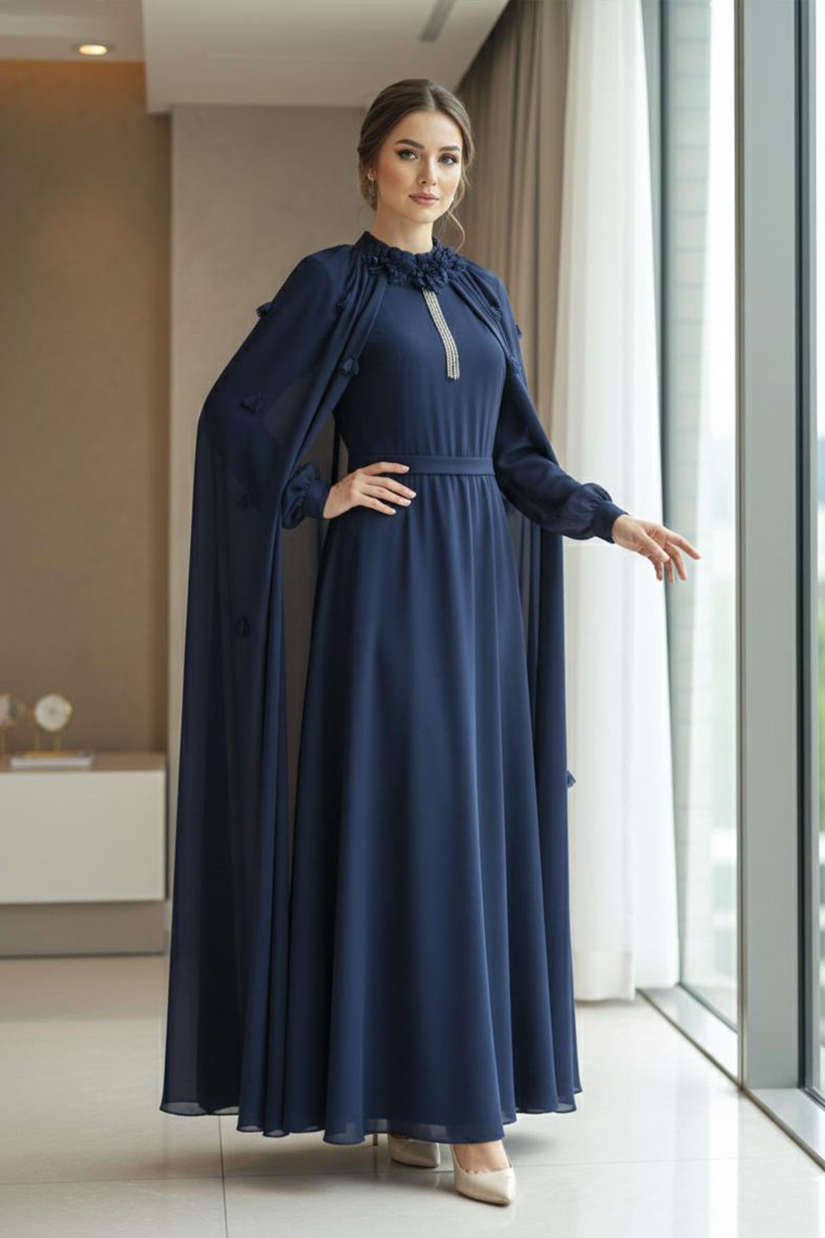 Tesettür Esmira Şifon Abiye LacivertLP6356