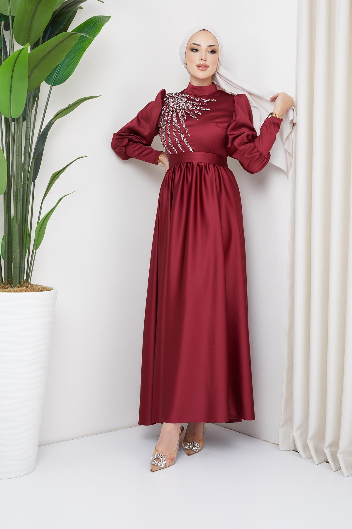 Tesettür Esrina Saten Abiye BordoLP6041