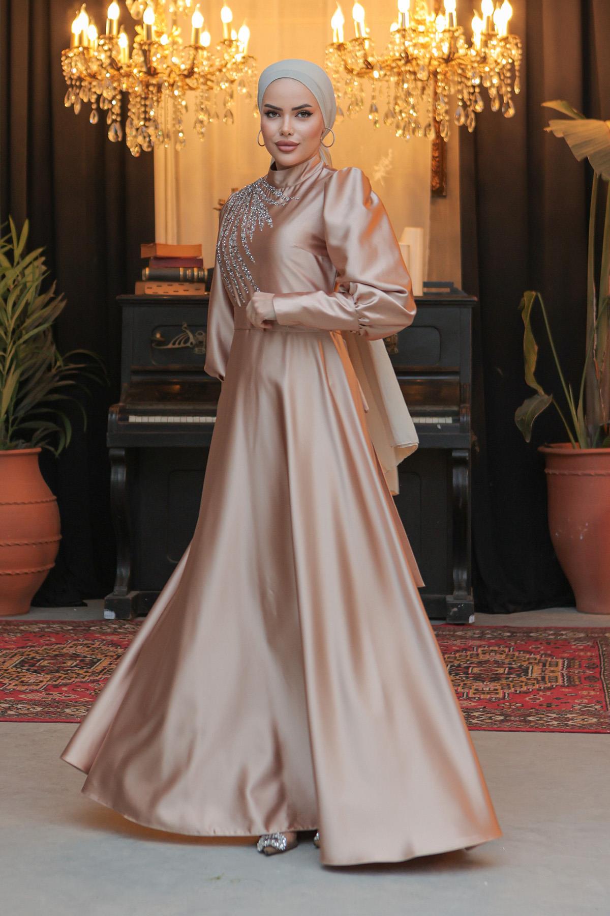 Tesettür Esrina Saten Abiye CamelLP6041