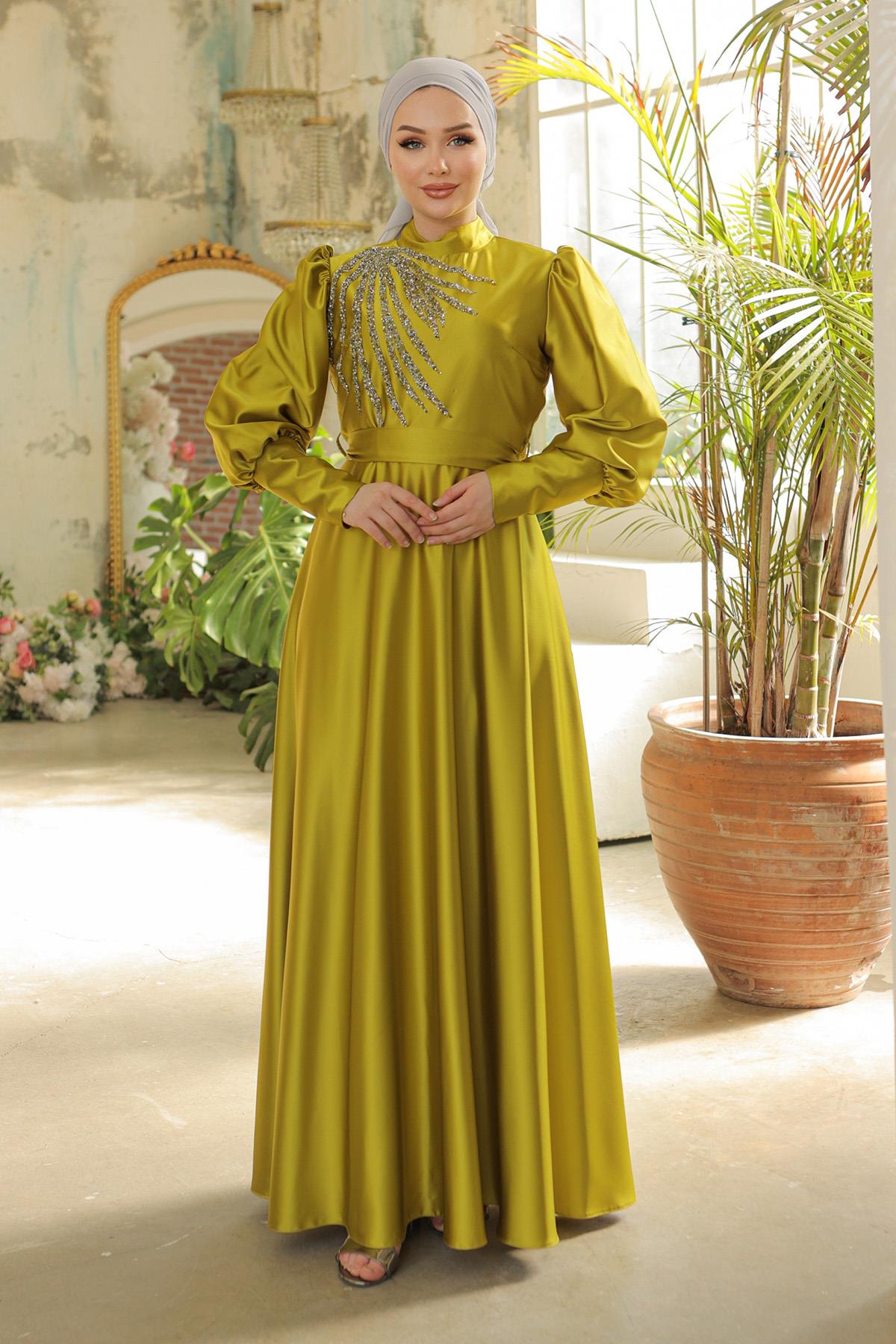 Tesettür Esrina Saten Abiye Yağ YeşiliLP6041